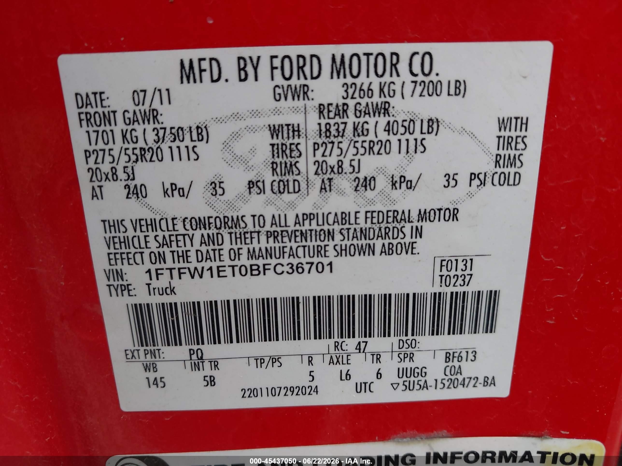 2011 Ford F-150 Fx4/king Ranch/lariat/platinum/xlt Red vin: 1FTFW1ET0BFC36701