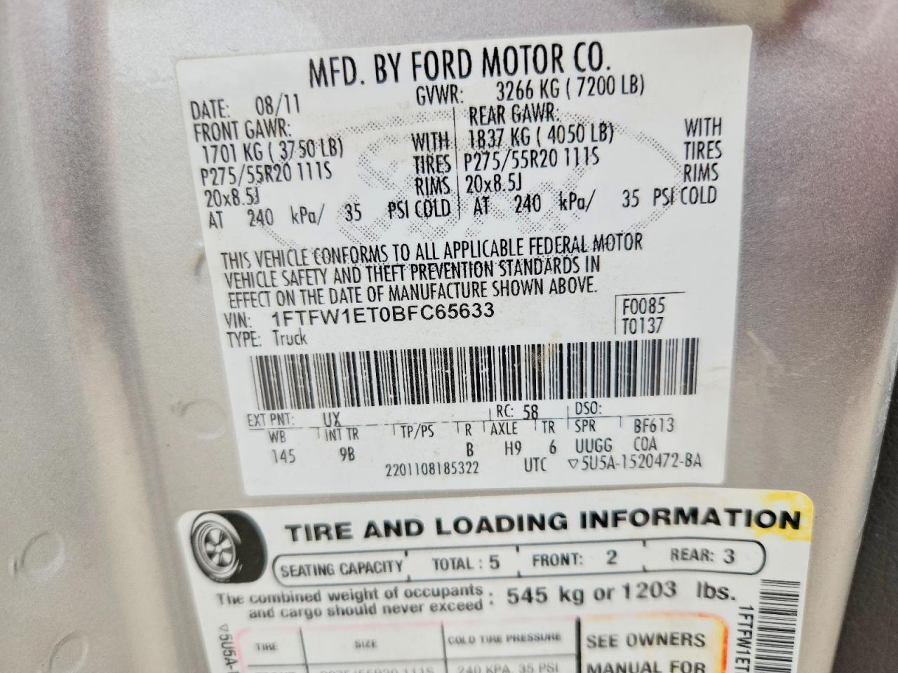 2011 Ford F150 Supercrew Silver vin: 1FTFW1ET0BFC65633