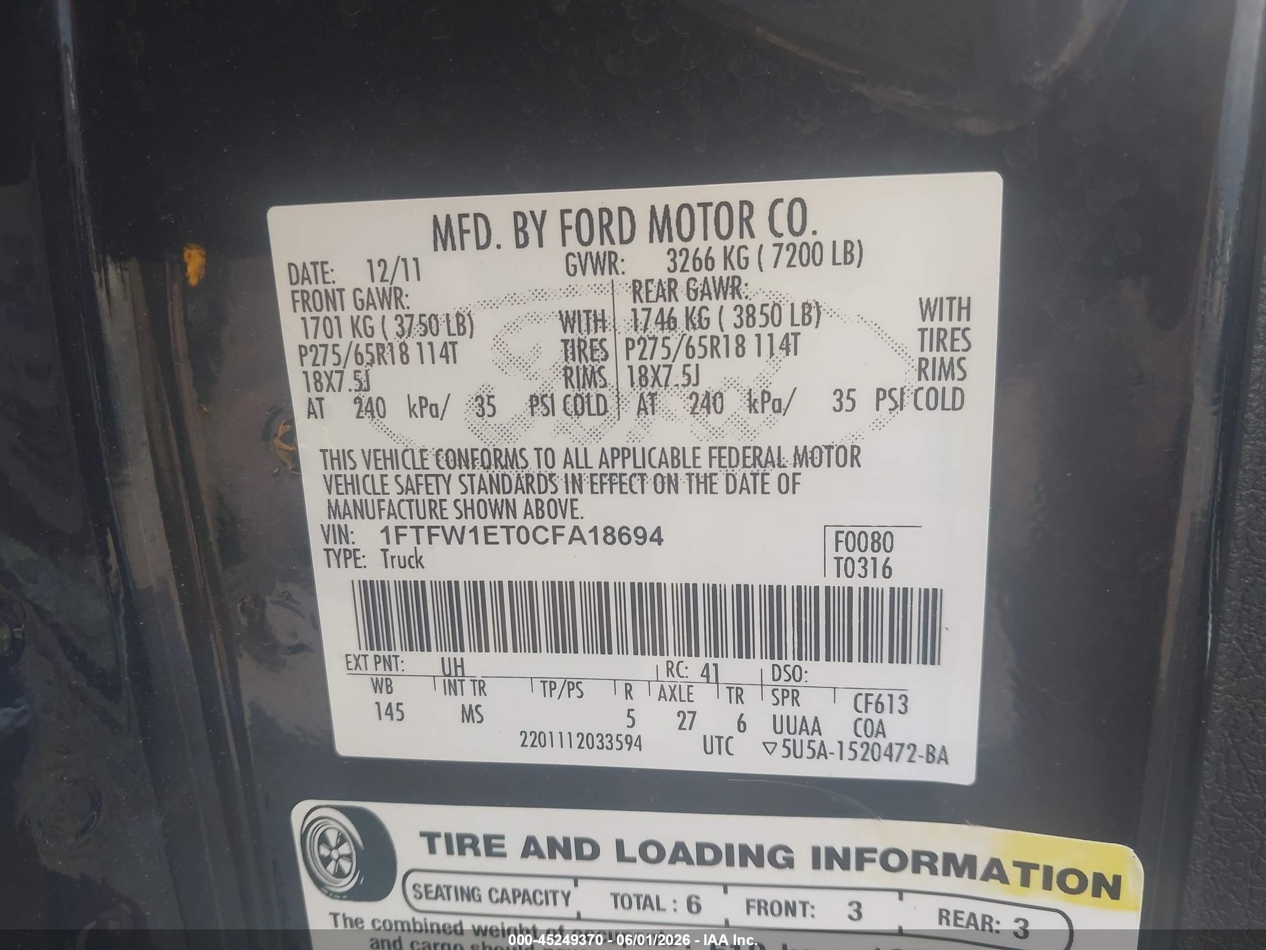 2012 Ford F-150 Xlt Black vin: 1FTFW1ET0CFA18694
