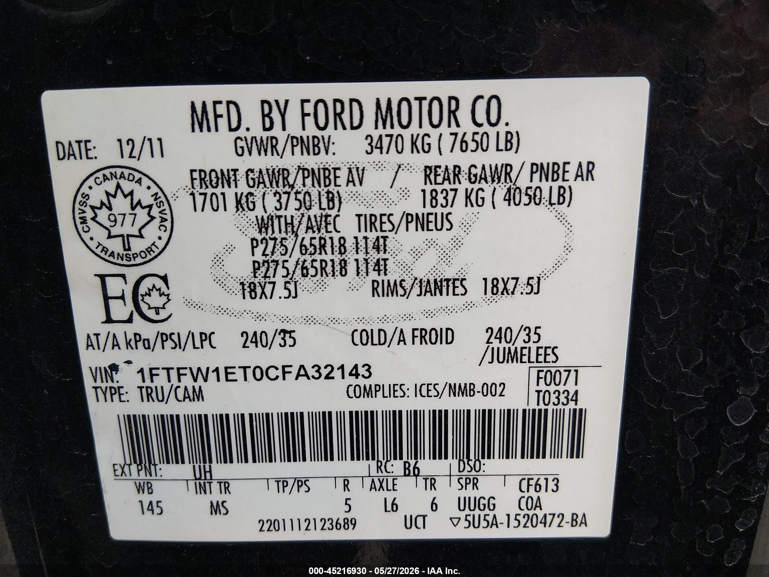 2012 Ford F-150 Xlt Черный vin: 1FTFW1ET0CFA32143
