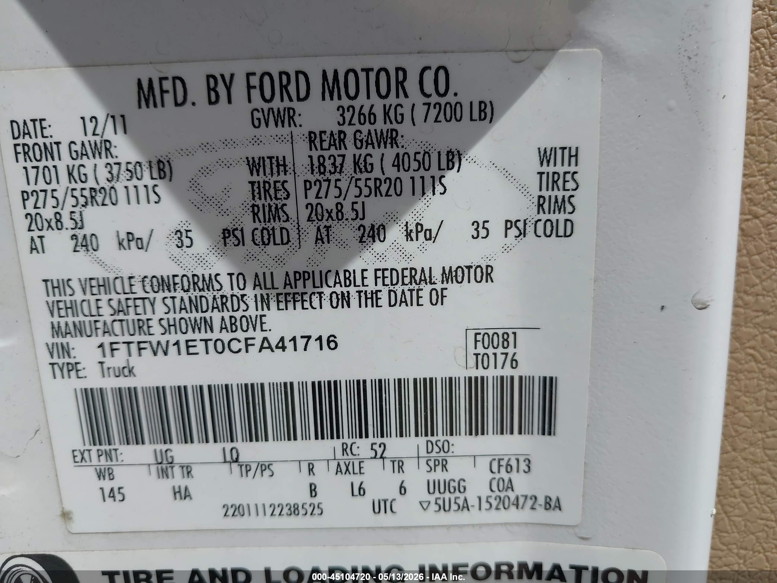 2012 Ford F-150 Lariat White vin: 1FTFW1ET0CFA41716