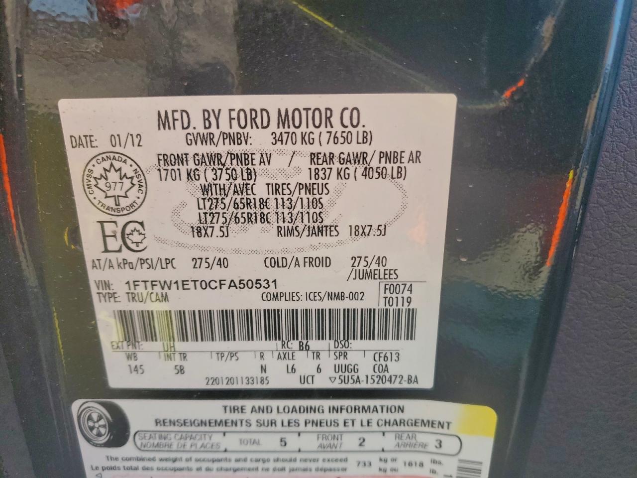 2012 Ford F150 Supercrew Black vin: 1FTFW1ET0CFA50531