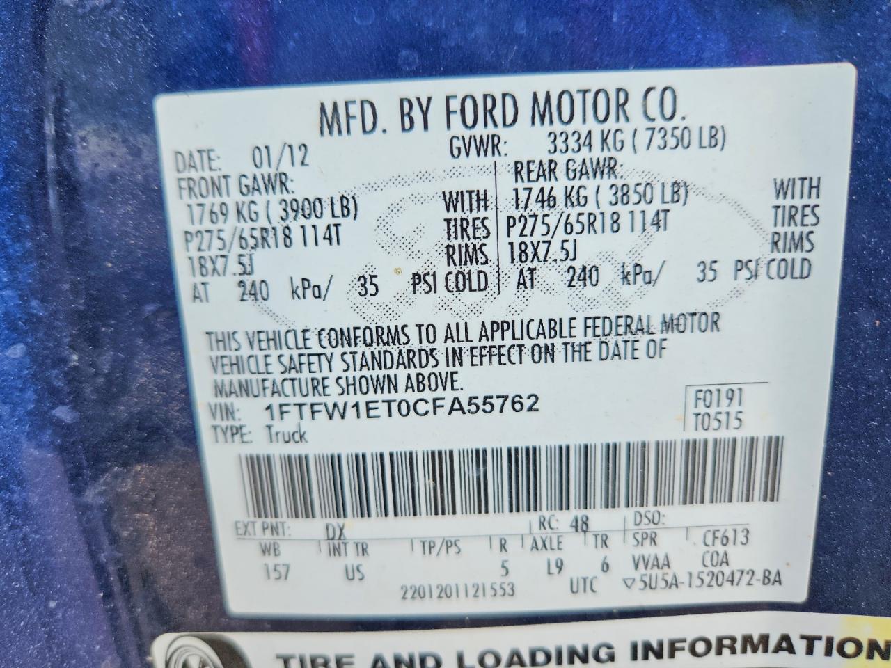 2012 Ford F150 Supercrew Blue vin: 1FTFW1ET0CFA55762