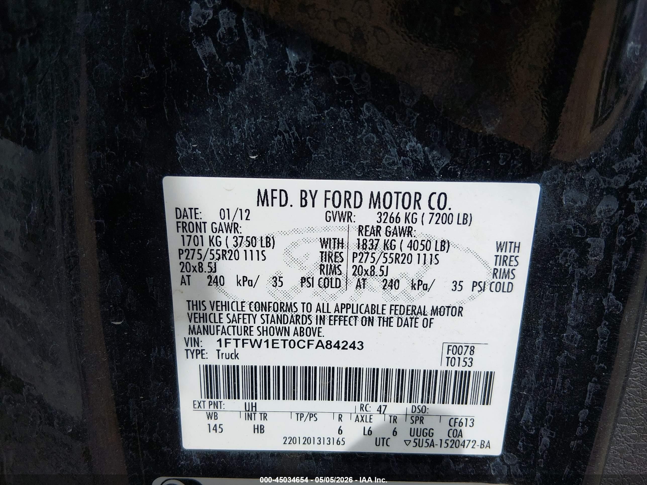 2012 Ford F-150 Lariat Черный vin: 1FTFW1ET0CFA84243