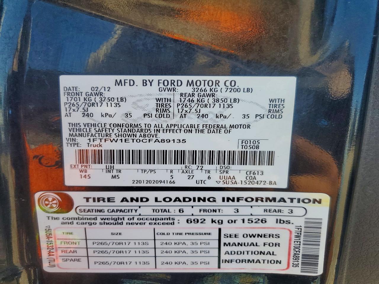 2012 Ford F-150 Black vin: 1FTFW1ET0CFA89135