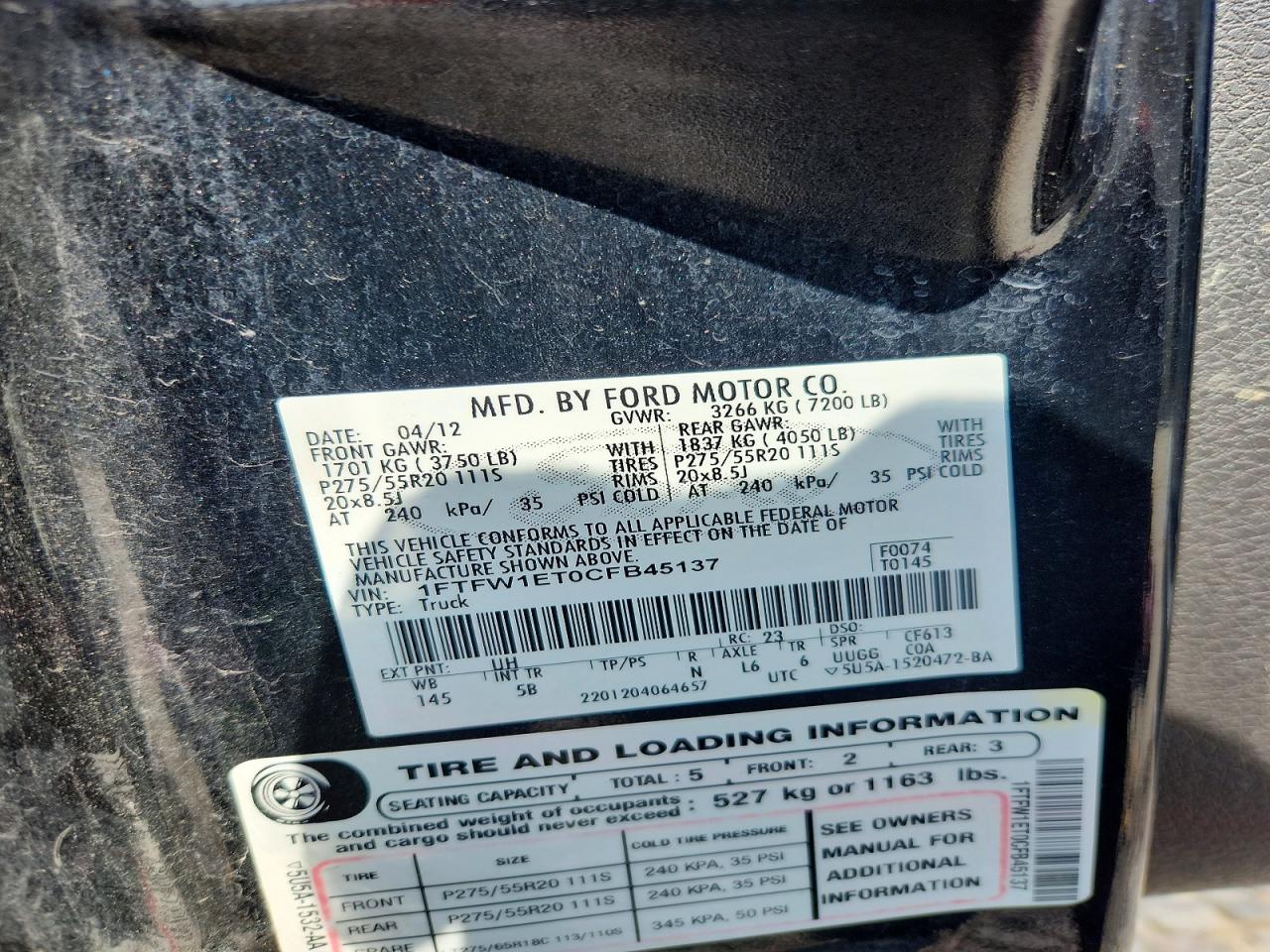 2012 Ford F150 Supercrew Black vin: 1FTFW1ET0CFB45137