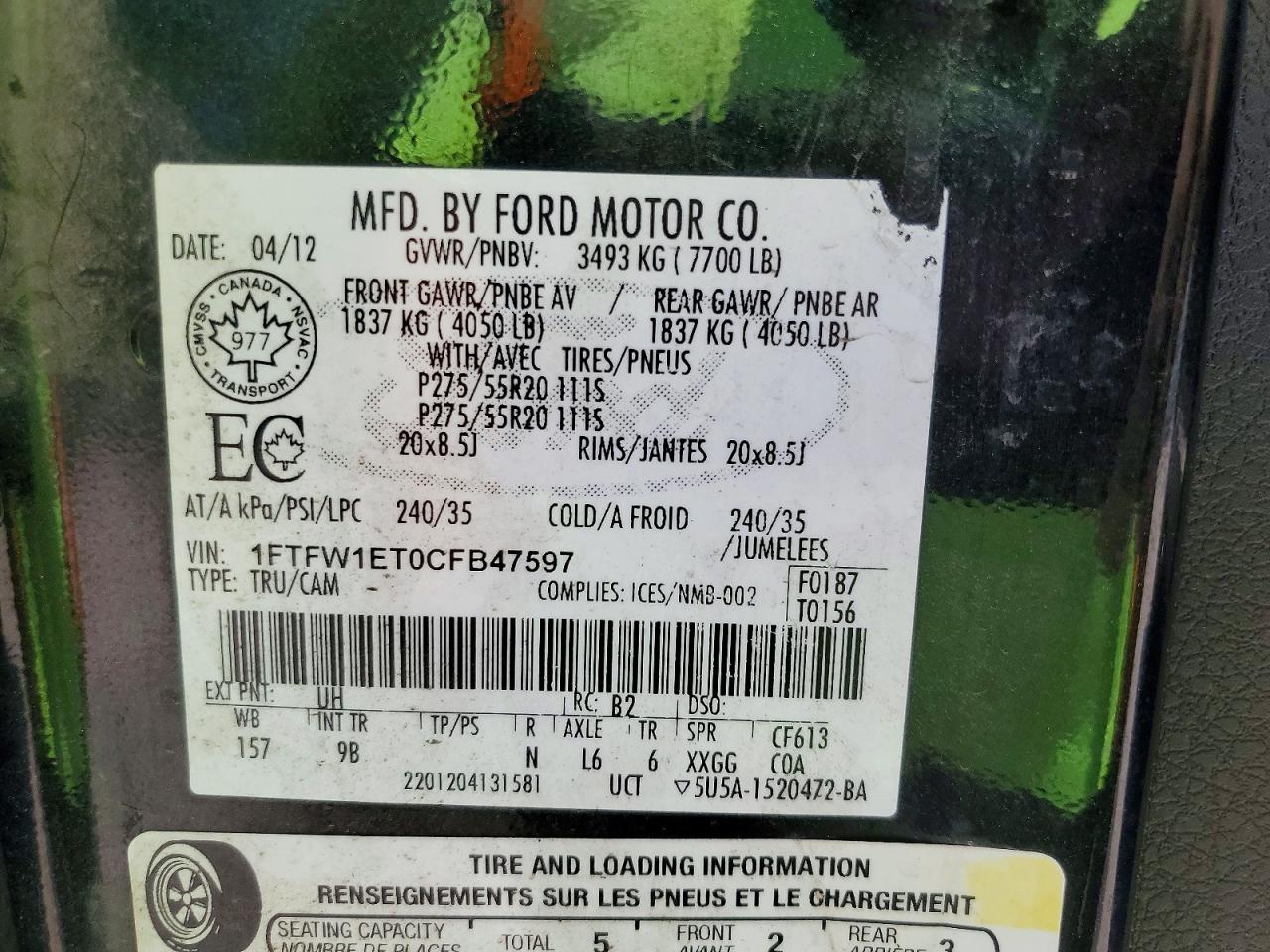 2012 Ford F150 Supercrew Black vin: 1FTFW1ET0CFB47597