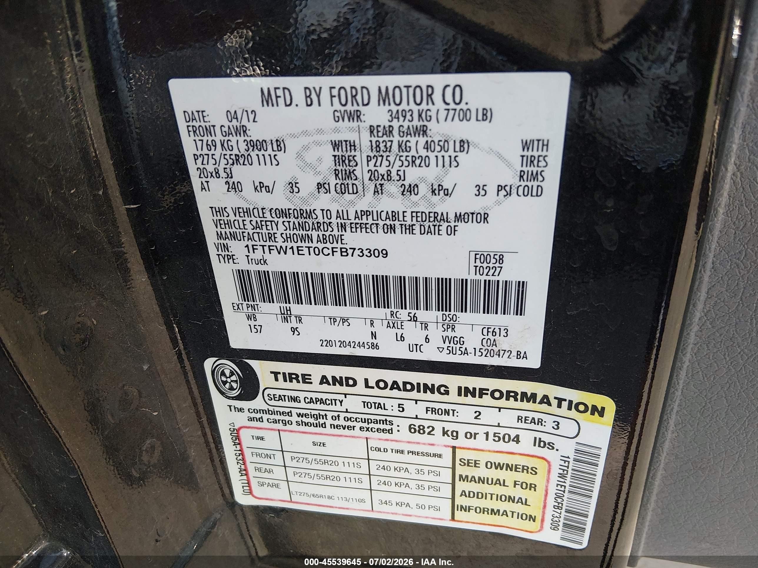 2012 Ford F-150 Fx4/king Ranch/lariat/platinum/xl/xlt Черный vin: 1FTFW1ET0CFB73309
