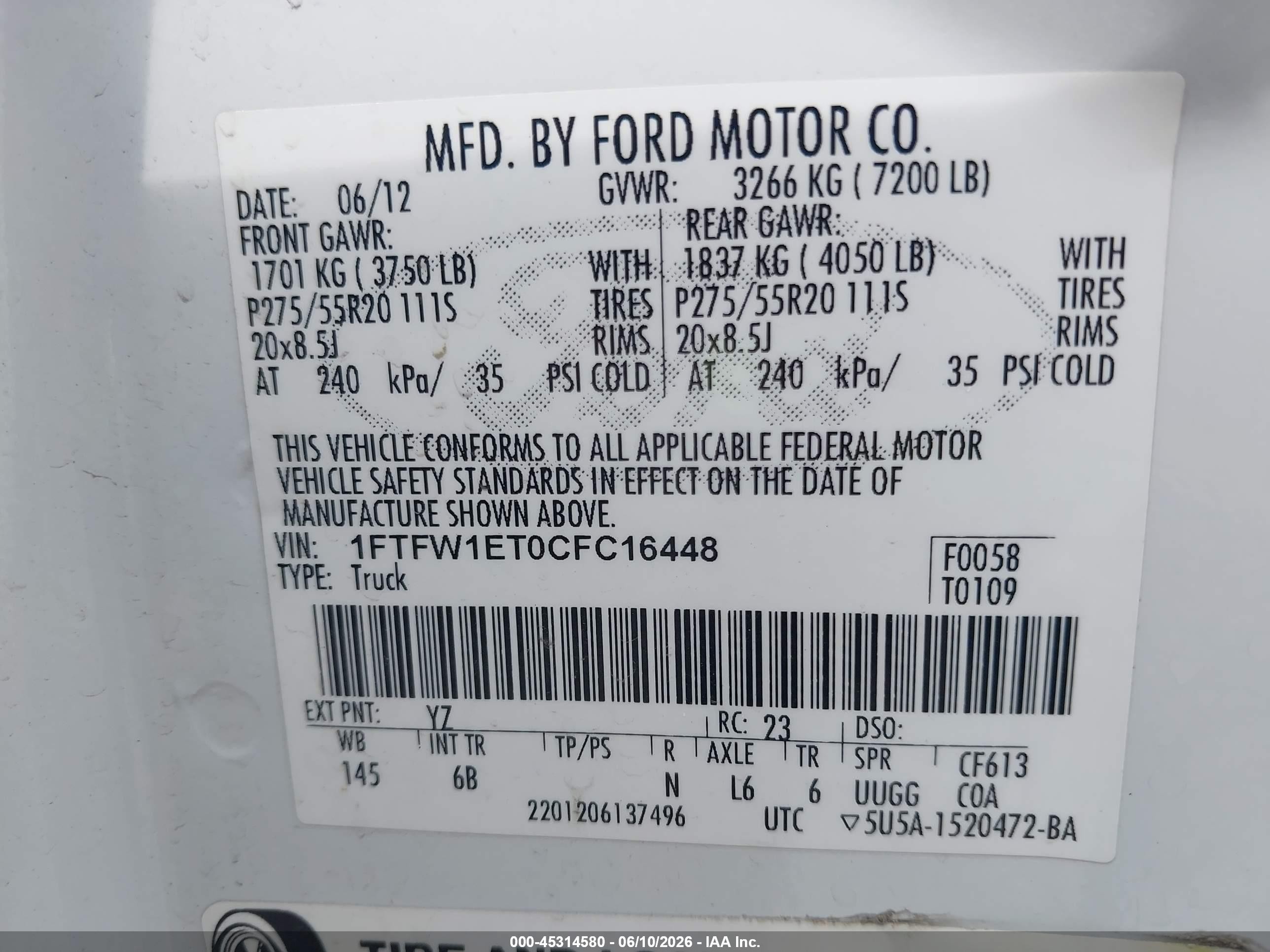 2012 Ford F-150 Fx4 White vin: 1FTFW1ET0CFC16448