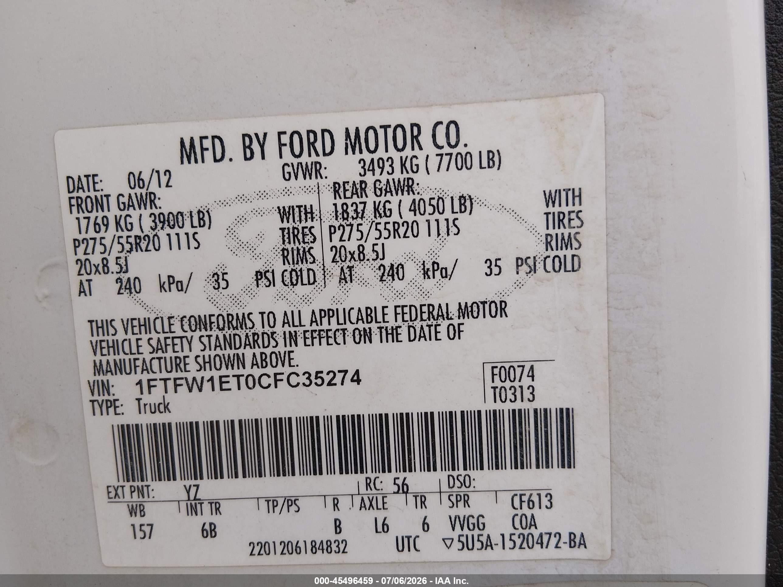 2012 Ford F-150 Fx4/king Ranch/lariat/platinum/xl/xlt White vin: 1FTFW1ET0CFC35274