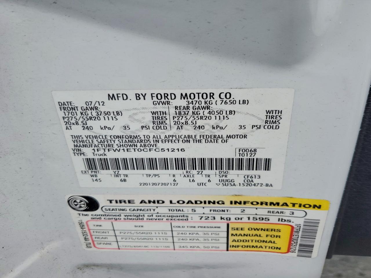 2012 Ford F150 Supercrew White vin: 1FTFW1ET0CFC51216