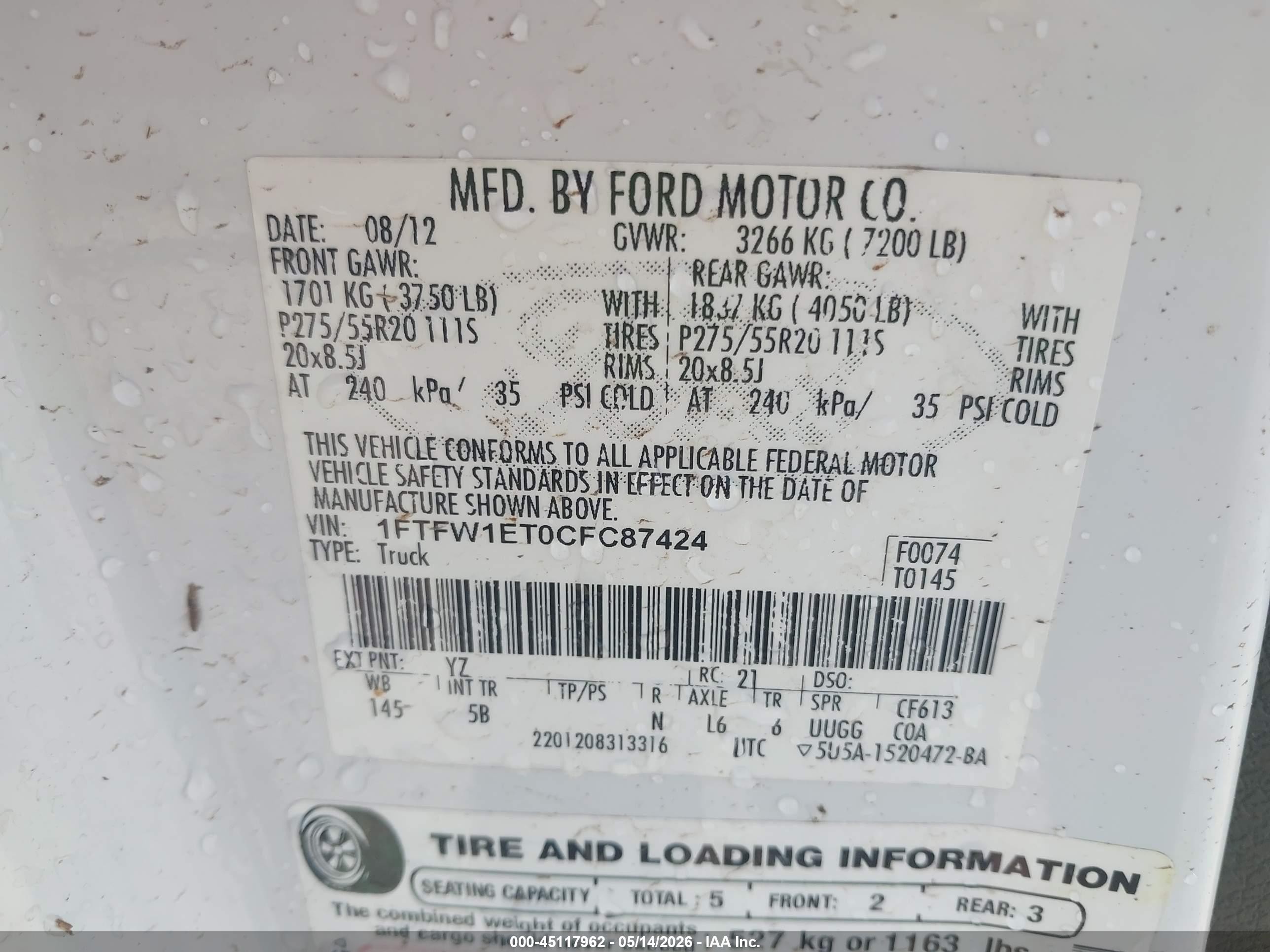 2012 Ford F-150 Fx4 White vin: 1FTFW1ET0CFC87424