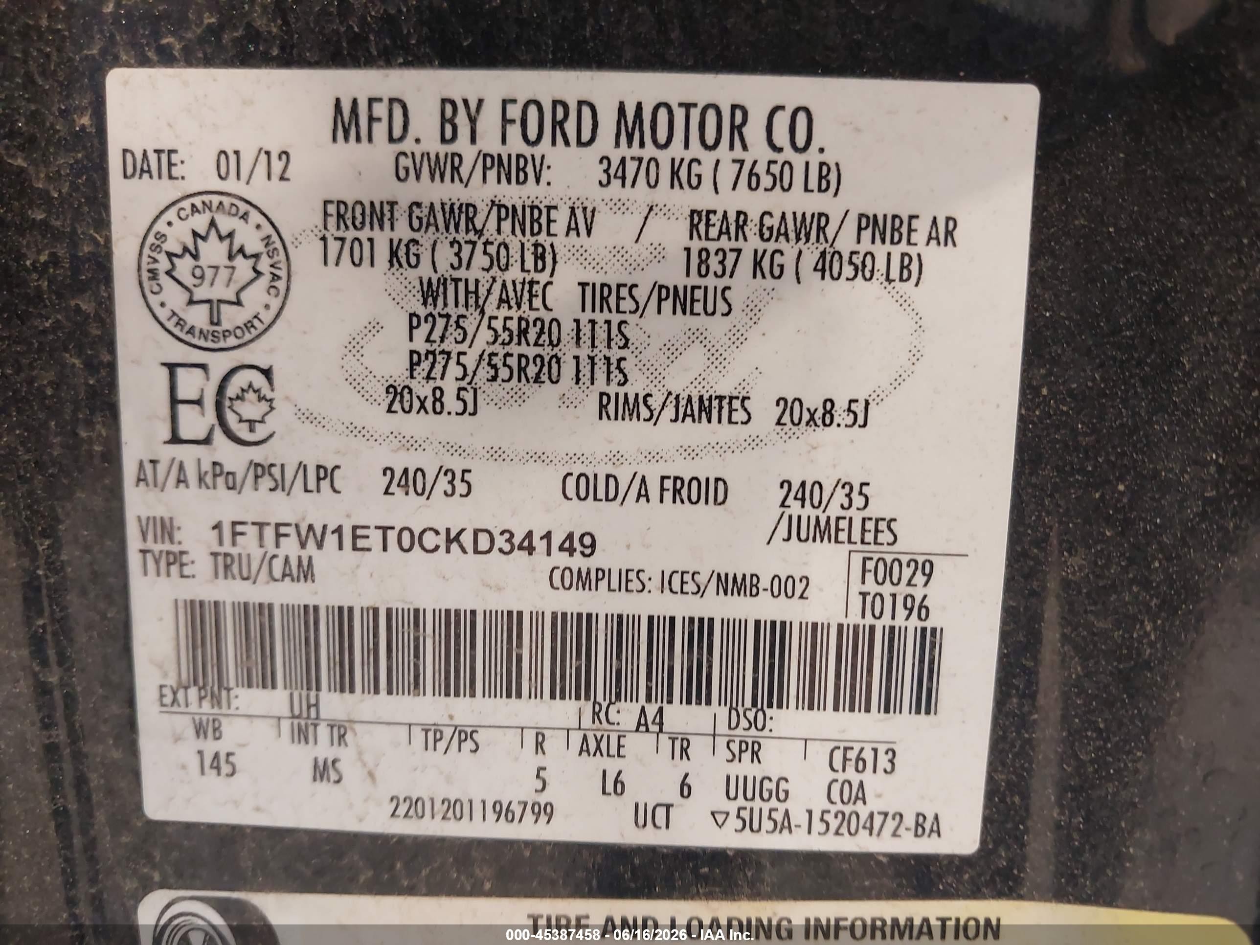 2012 Ford F-150 Xlt Black vin: 1FTFW1ET0CKD34149