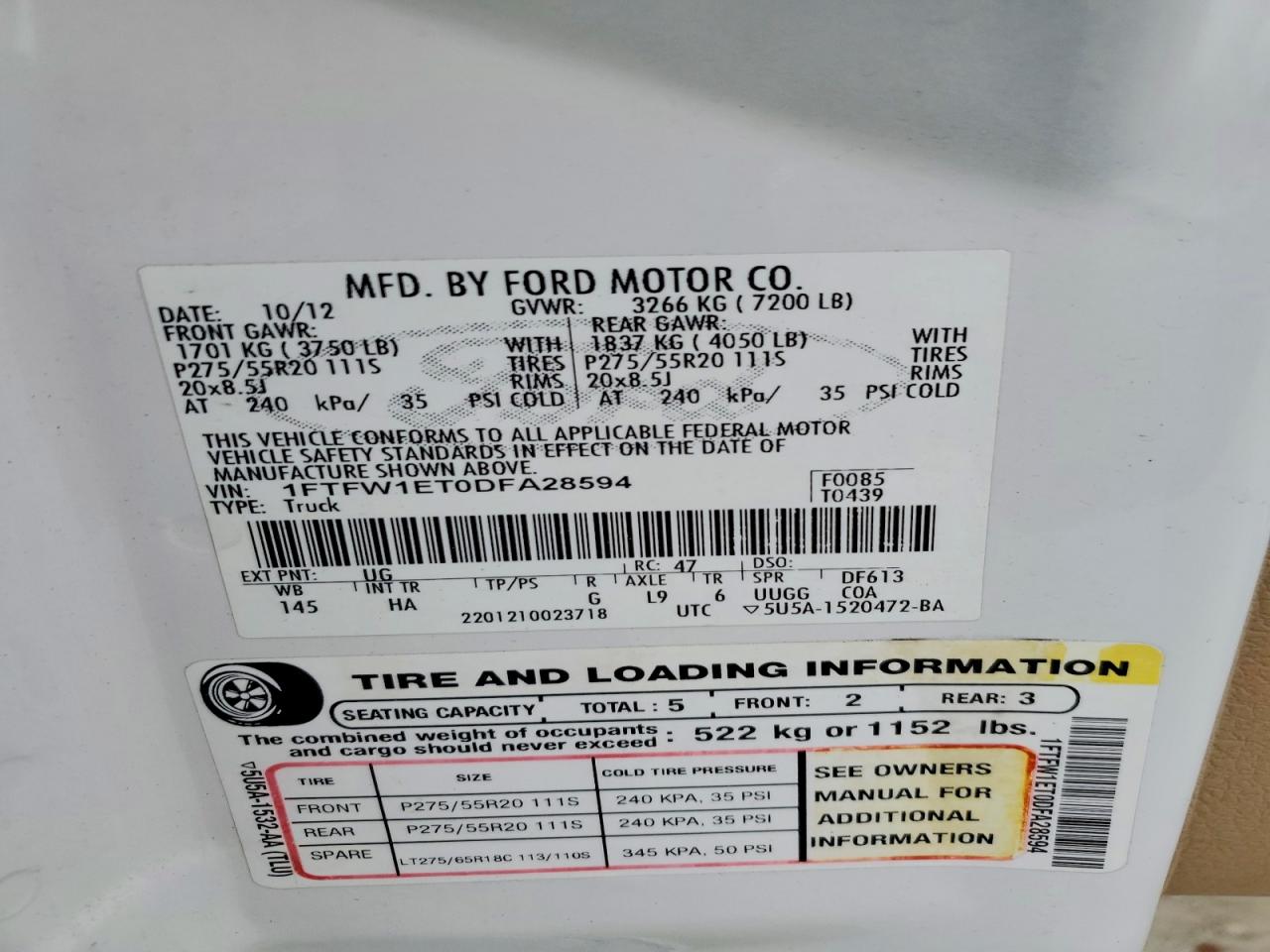 2013 Ford F150 Supercrew White vin: 1FTFW1ET0DFA28594
