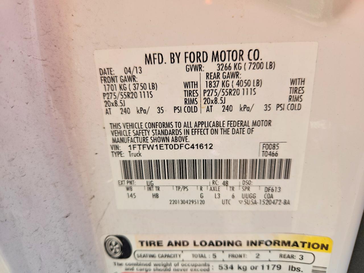 2013 Ford F150 Supercrew White vin: 1FTFW1ET0DFC41612