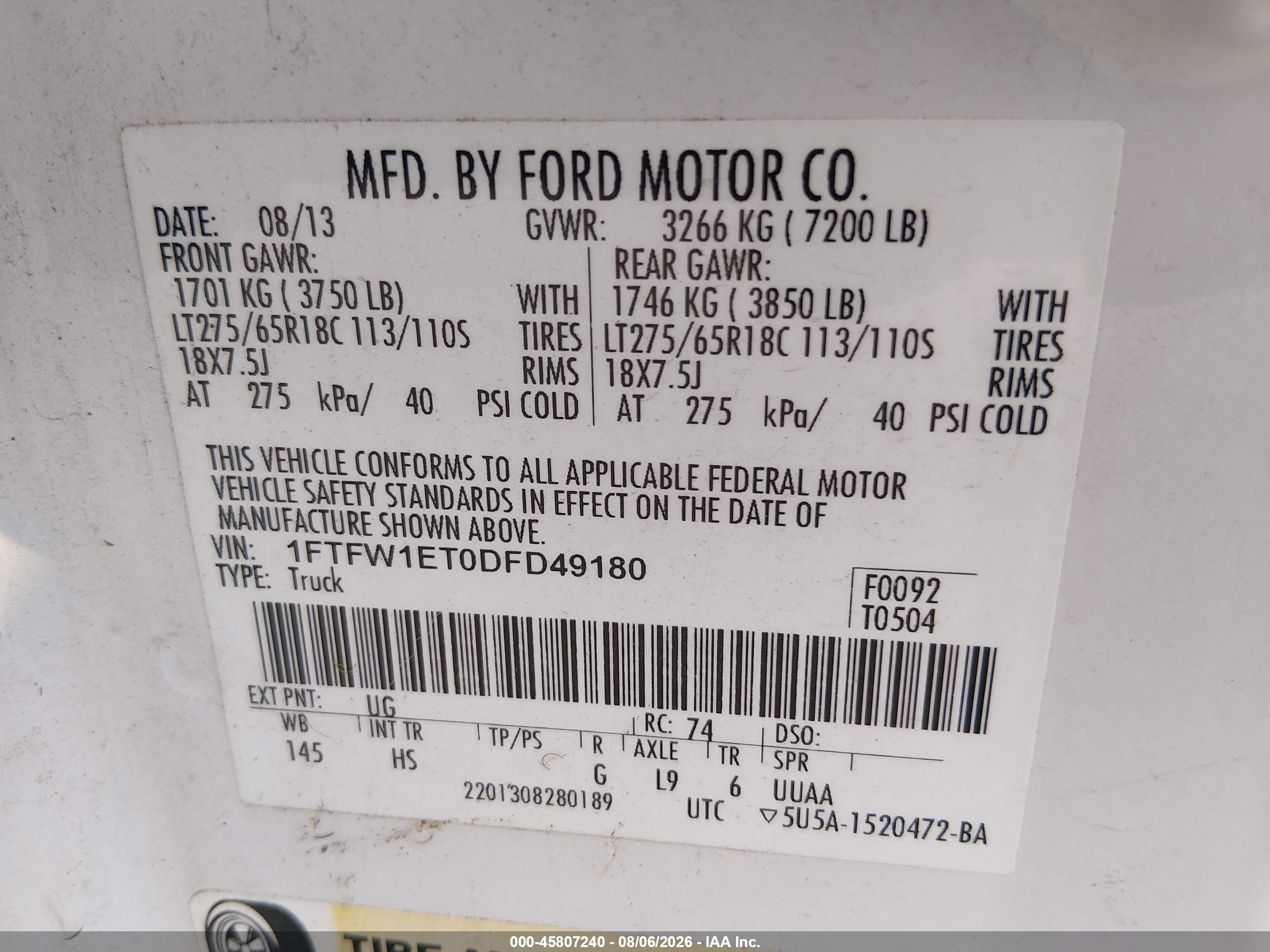 2013 Ford F-150 Lariat Белый vin: 1FTFW1ET0DFD49180