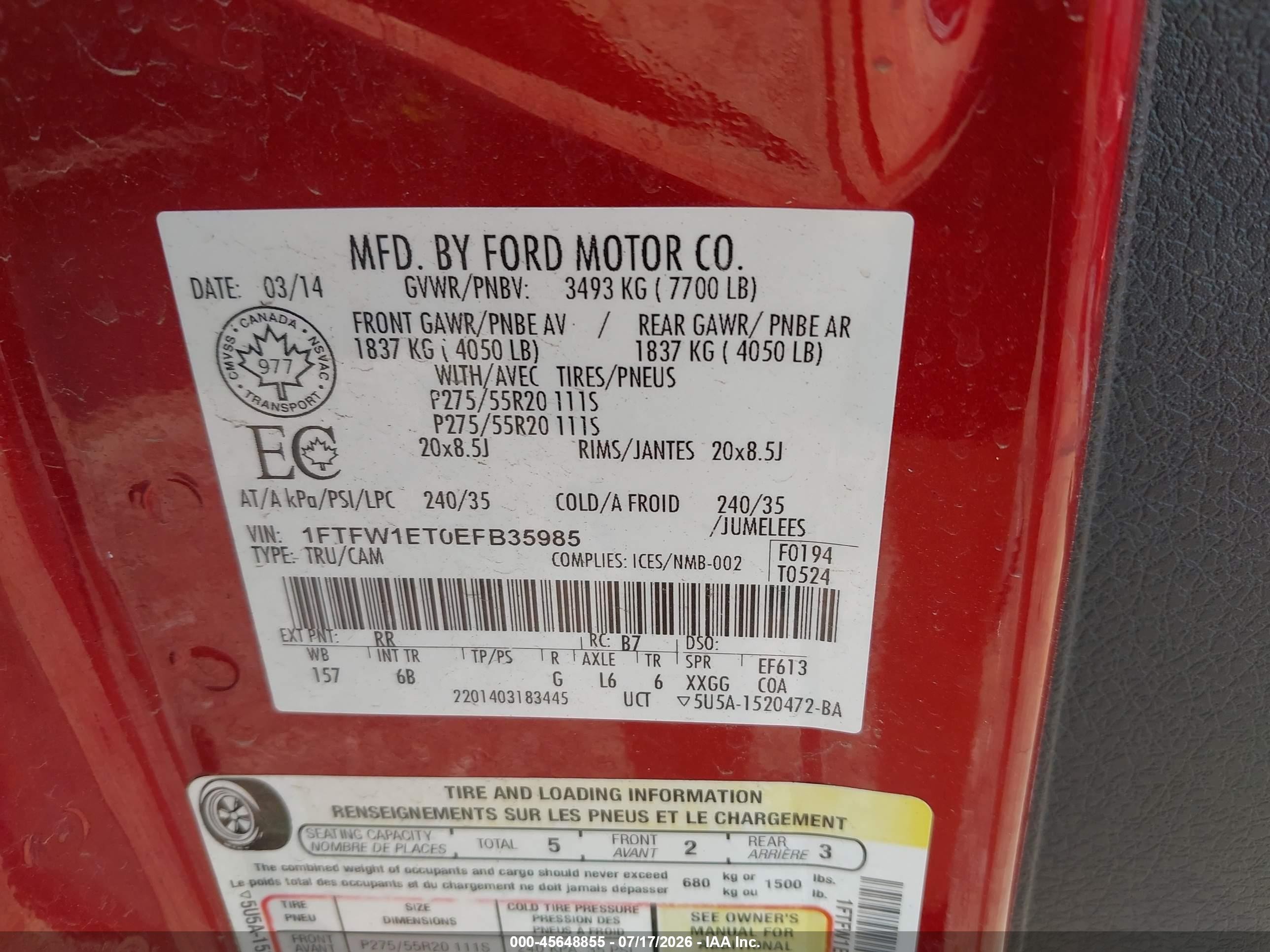 2014 Ford F-150 Fx4 Red vin: 1FTFW1ET0EFB35985