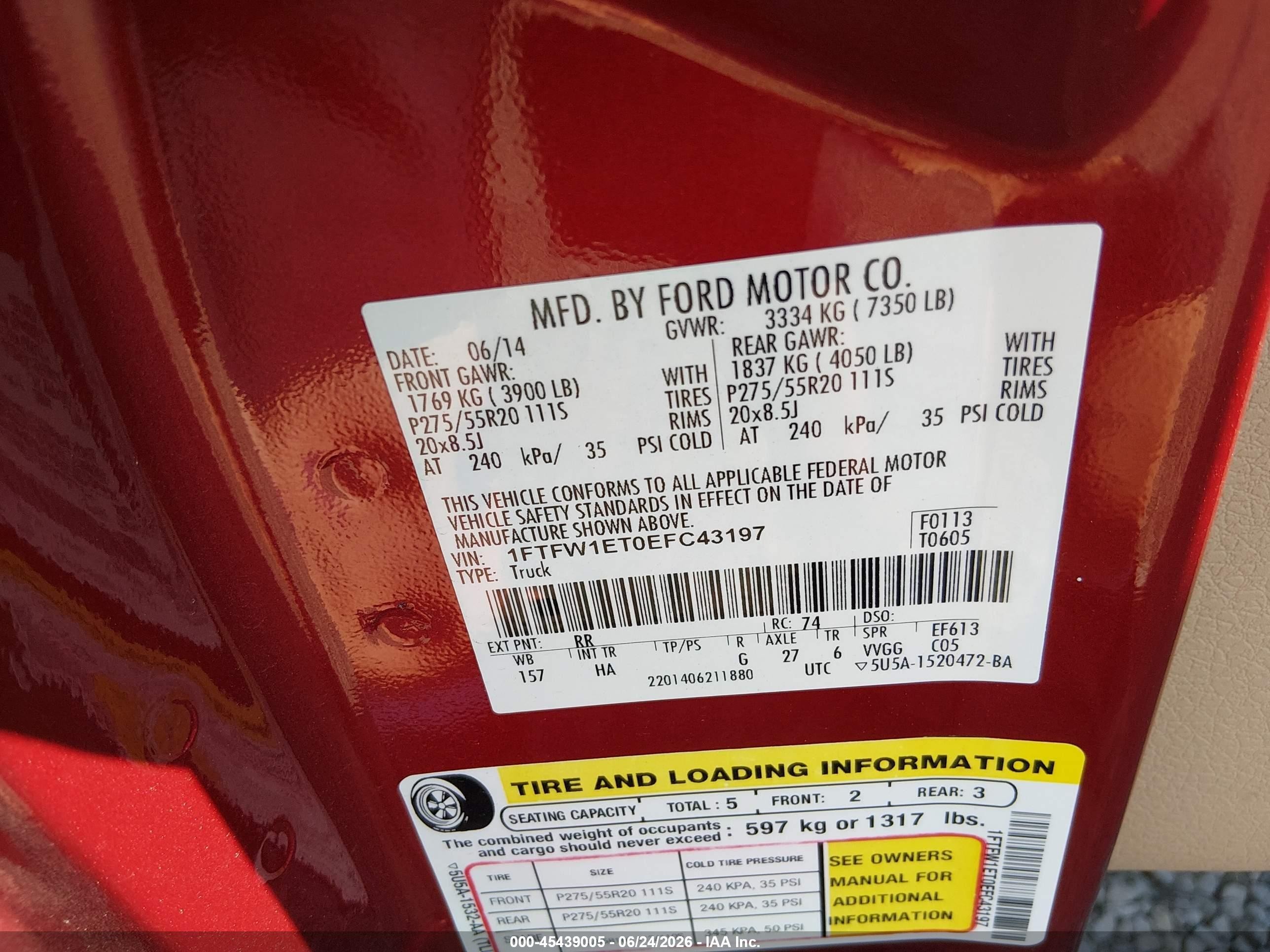 2014 Ford F-150 Lariat Red vin: 1FTFW1ET0EFC43197