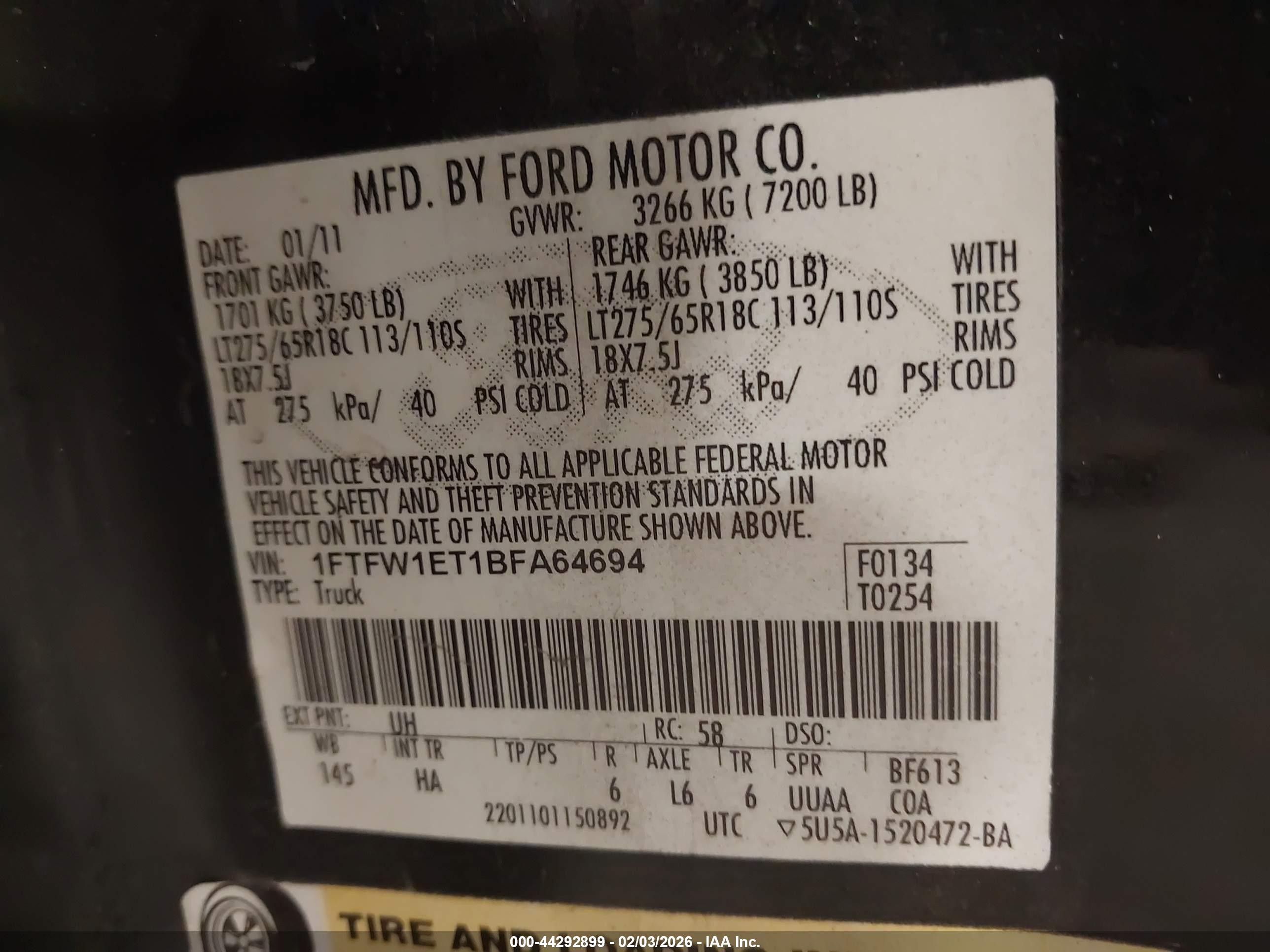 2011 Ford F-150 Lariat Черный vin: 1FTFW1ET1BFA64694