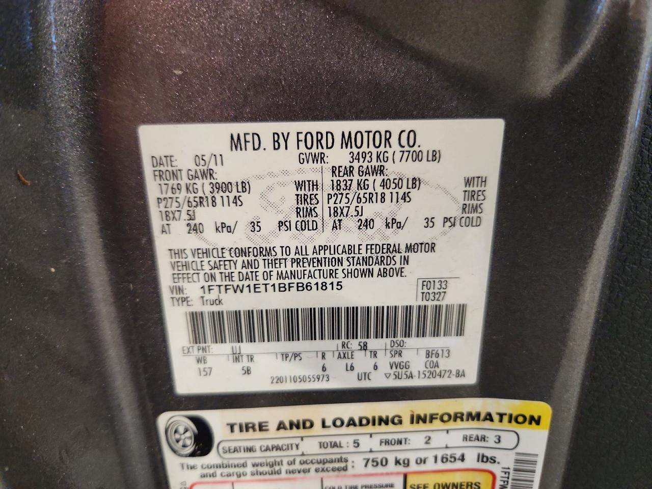 2011 Ford F150 Supercrew Gray vin: 1FTFW1ET1BFB61815