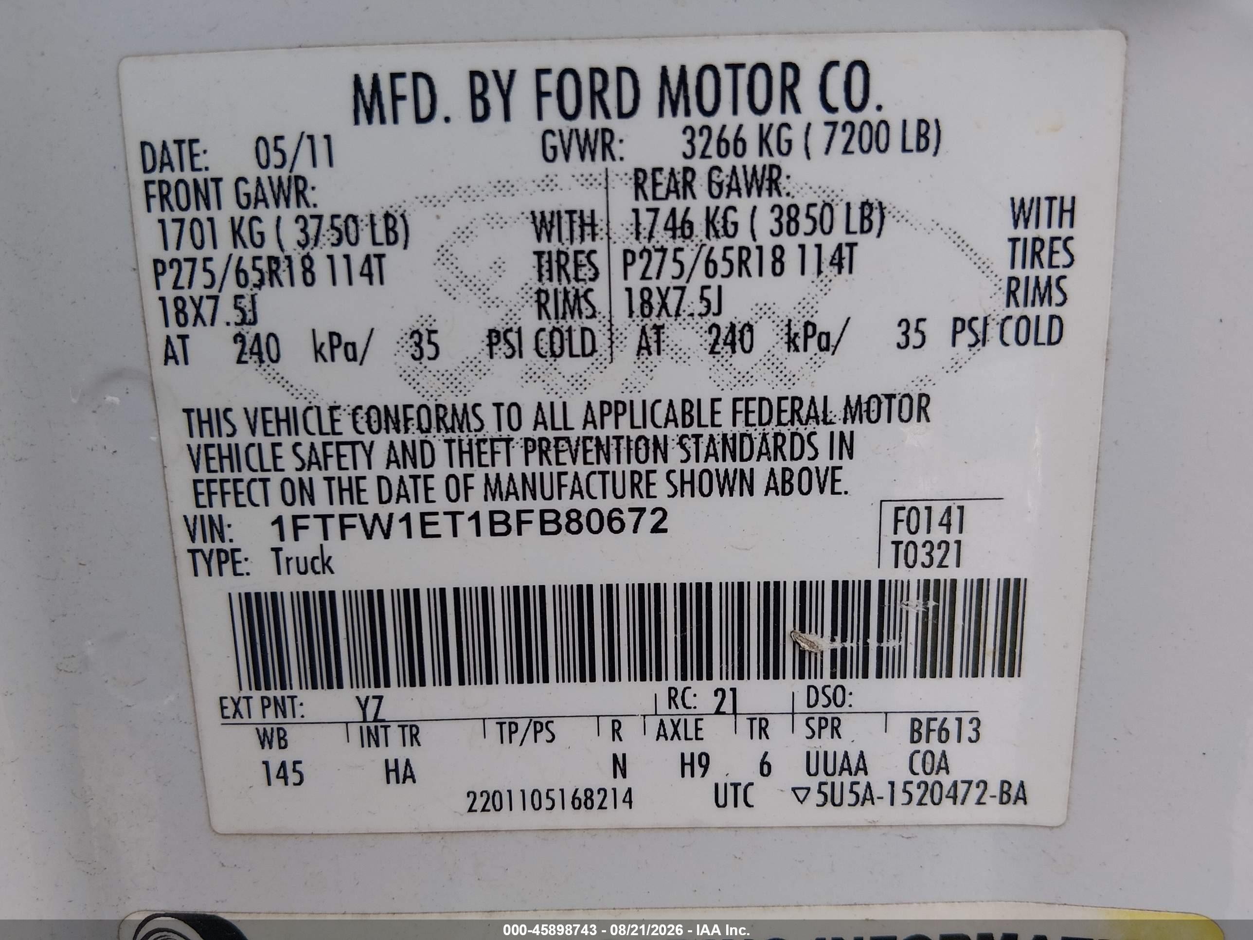 2011 Ford F-150 Lariat White vin: 1FTFW1ET1BFB80672