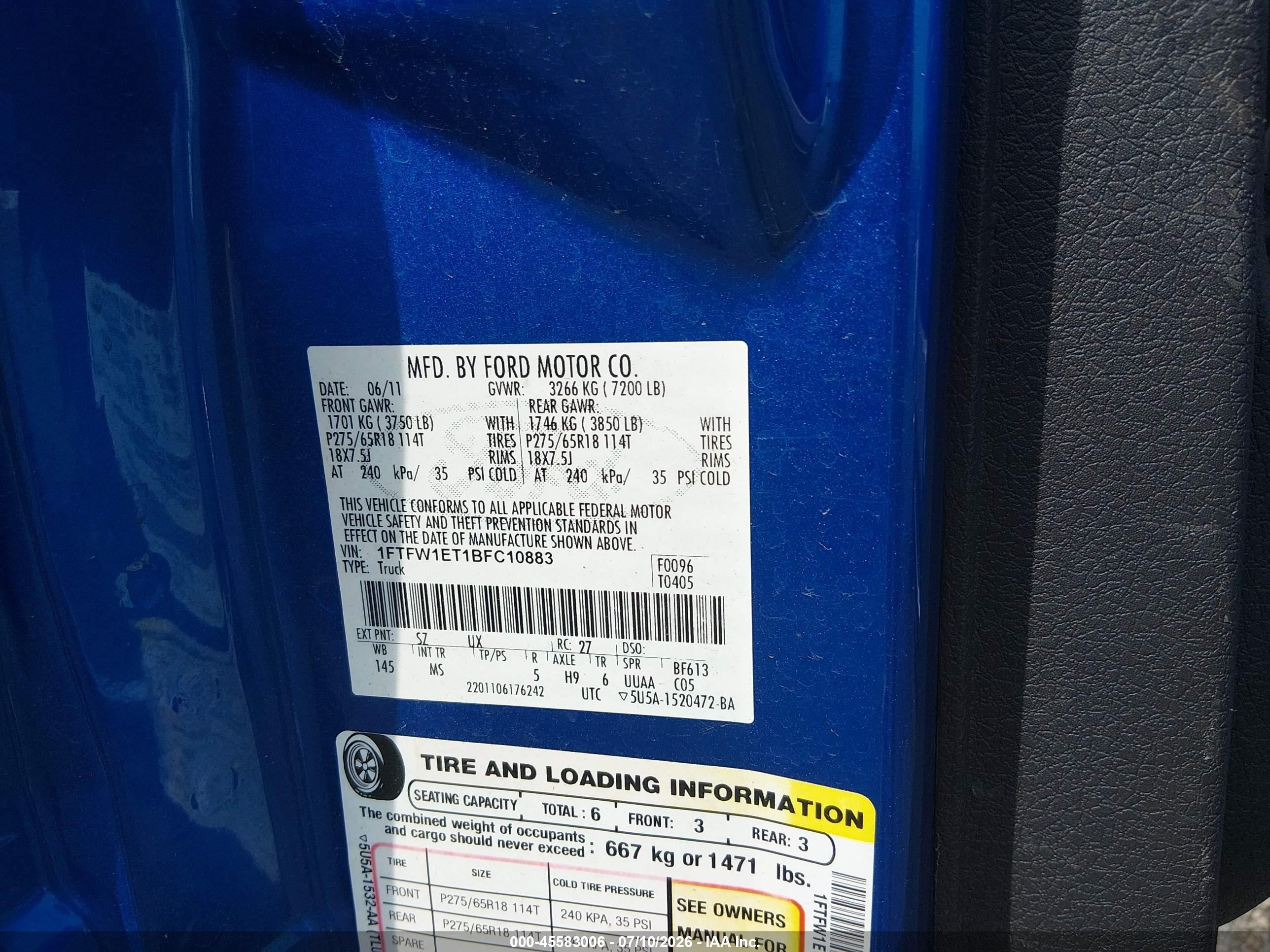 2011 Ford F-150 Xlt Blue vin: 1FTFW1ET1BFC10883