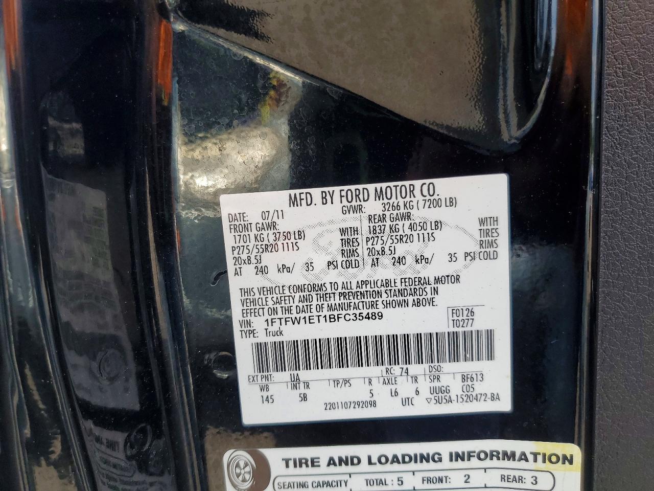 2011 Ford F150 Supercrew Black vin: 1FTFW1ET1BFC35489