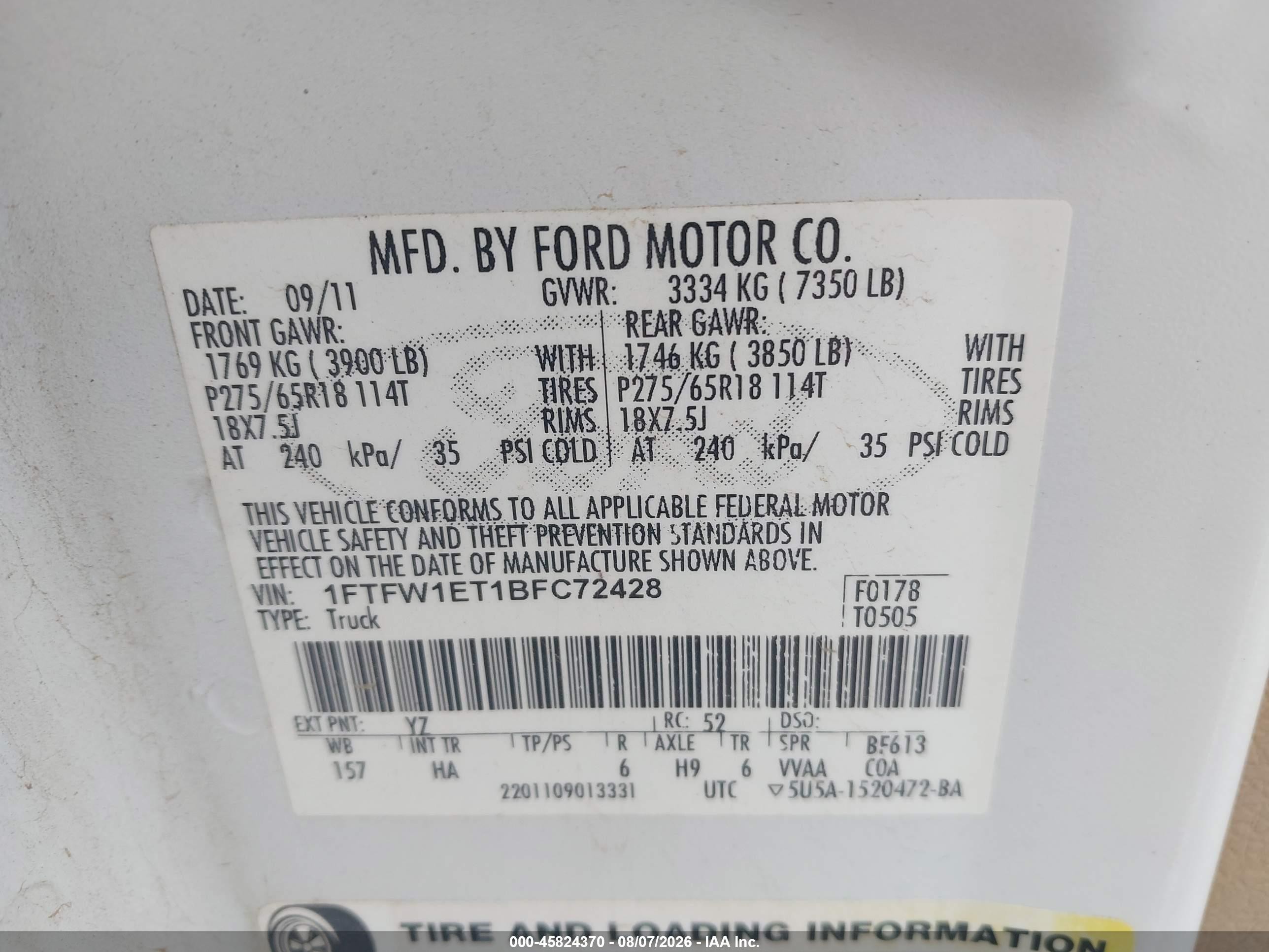 2011 Ford F-150 Lariat White vin: 1FTFW1ET1BFC72428