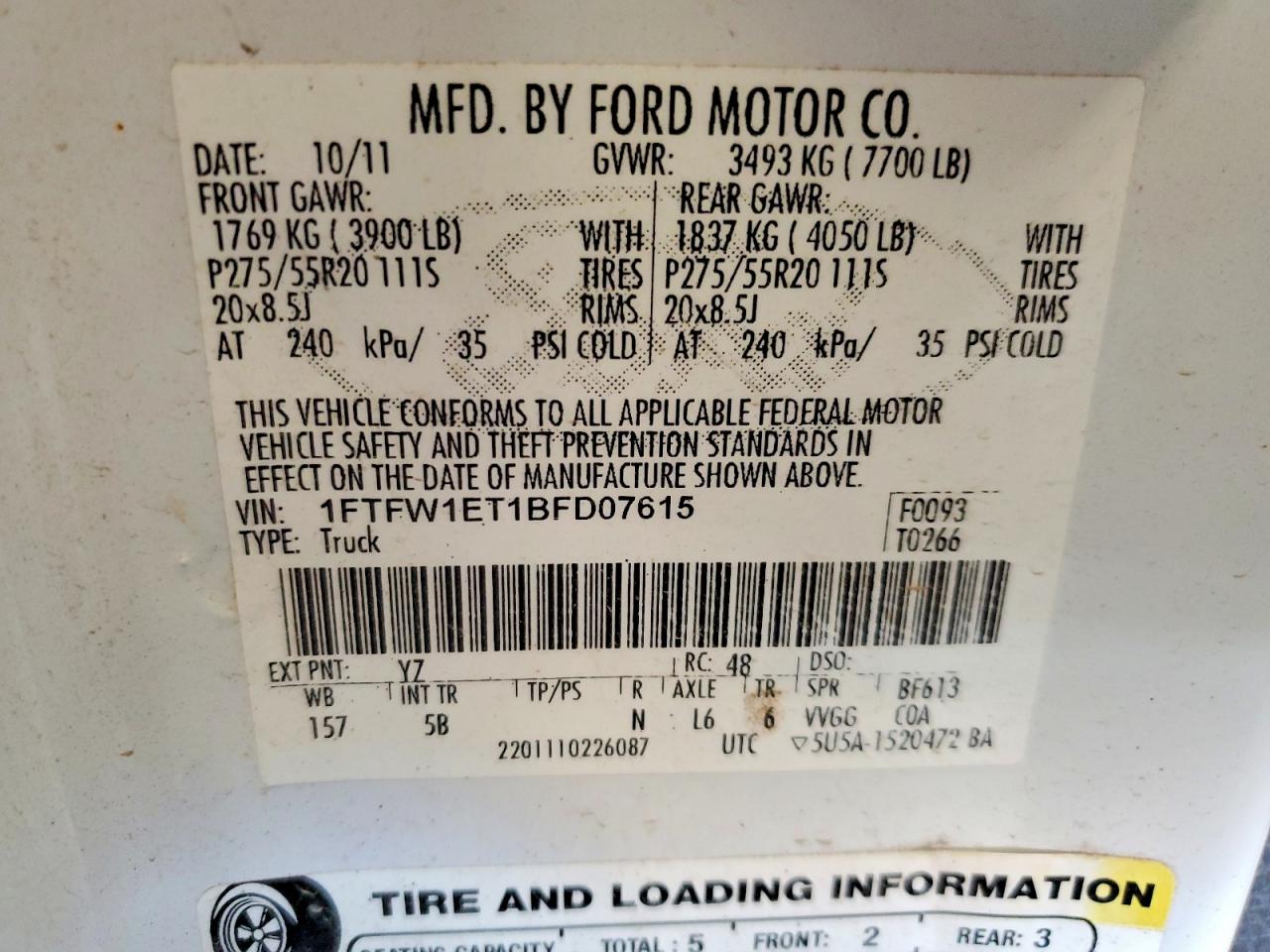 2011 Ford F150 Supercrew White vin: 1FTFW1ET1BFD07615