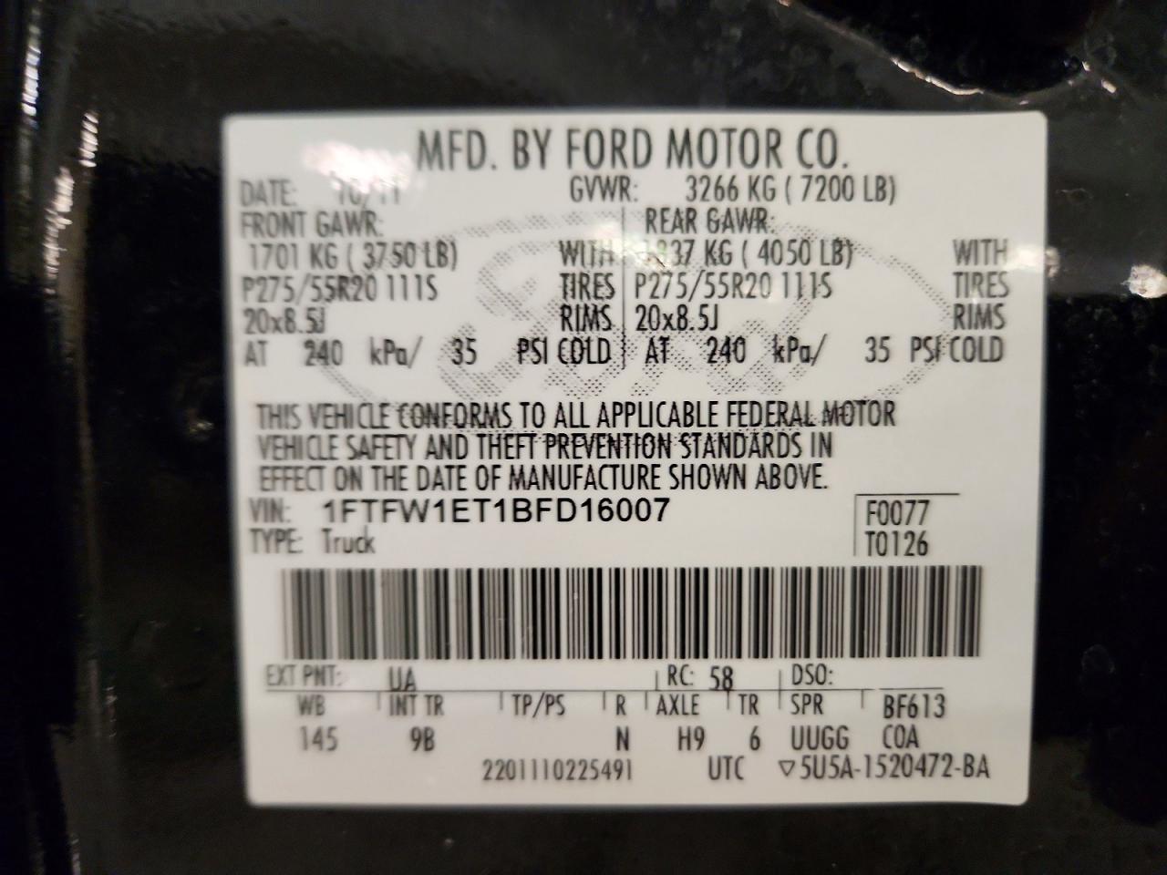 2011 Ford F150 Supercrew Black vin: 1FTFW1ET1BFD16007
