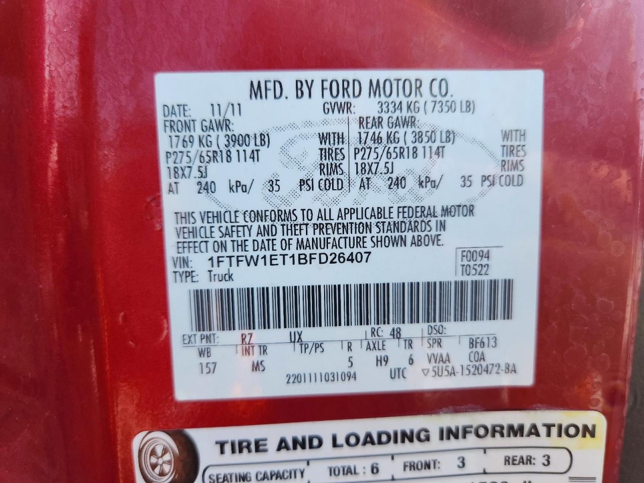 2011 Ford F150 Supercrew Red vin: 1FTFW1ET1BFD26407