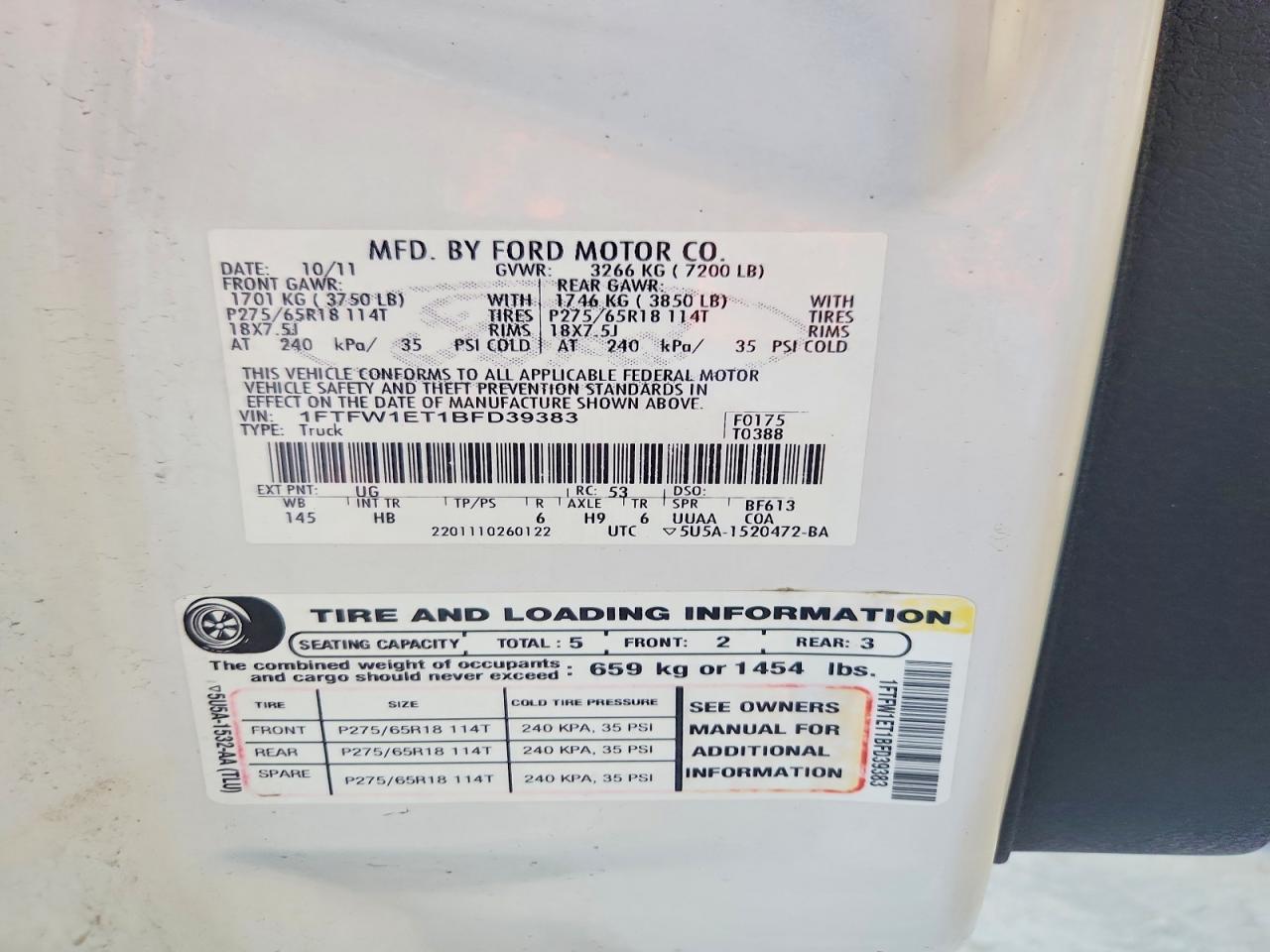 2011 Ford F150 Supercrew White vin: 1FTFW1ET1BFD39383