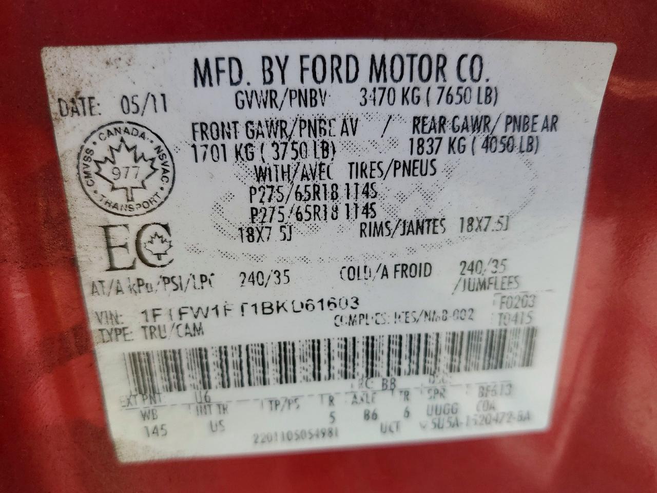 2011 Ford F150 Supercrew Red vin: 1FTFW1ET1BKD61603