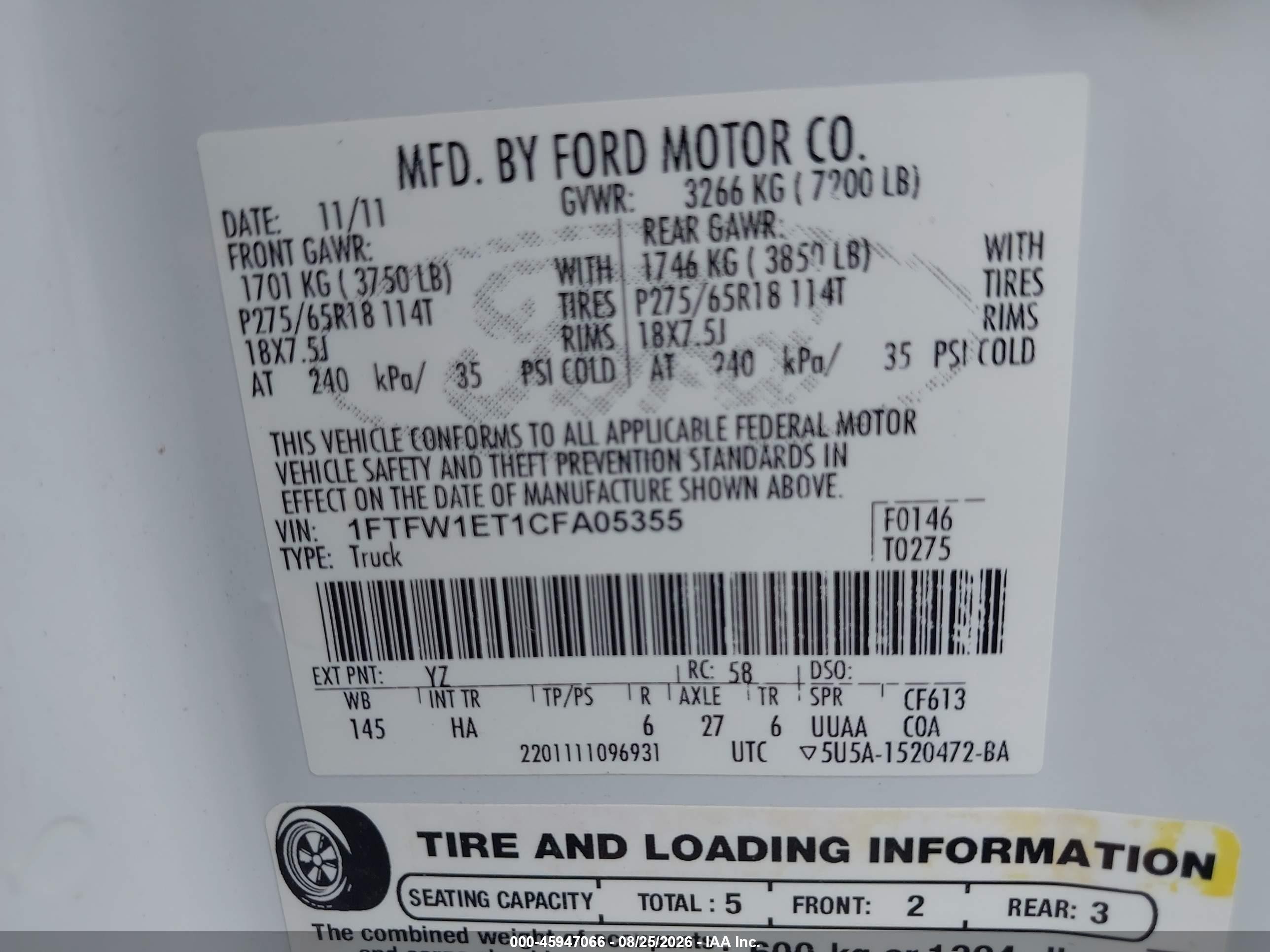 2012 Ford F-150 Lariat White vin: 1FTFW1ET1CFA05355