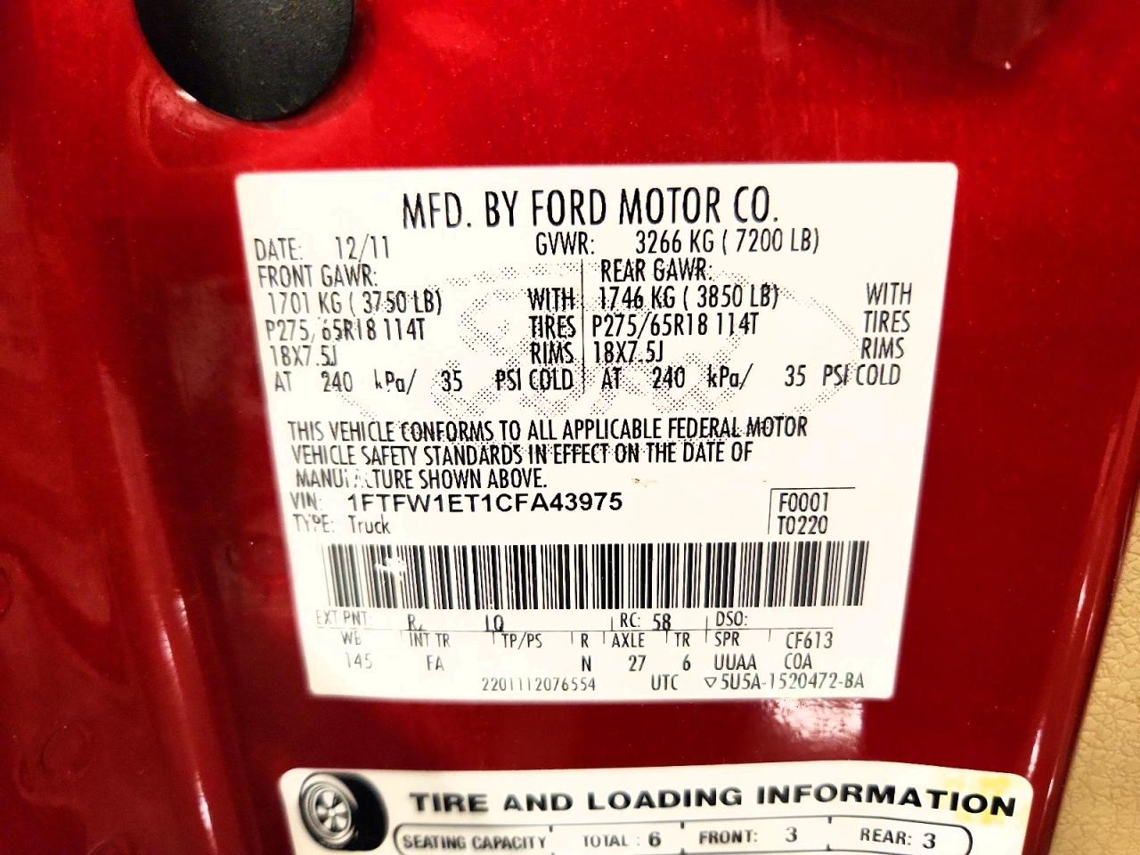 2012 Ford F150 Supercrew Красный vin: 1FTFW1ET1CFA43975