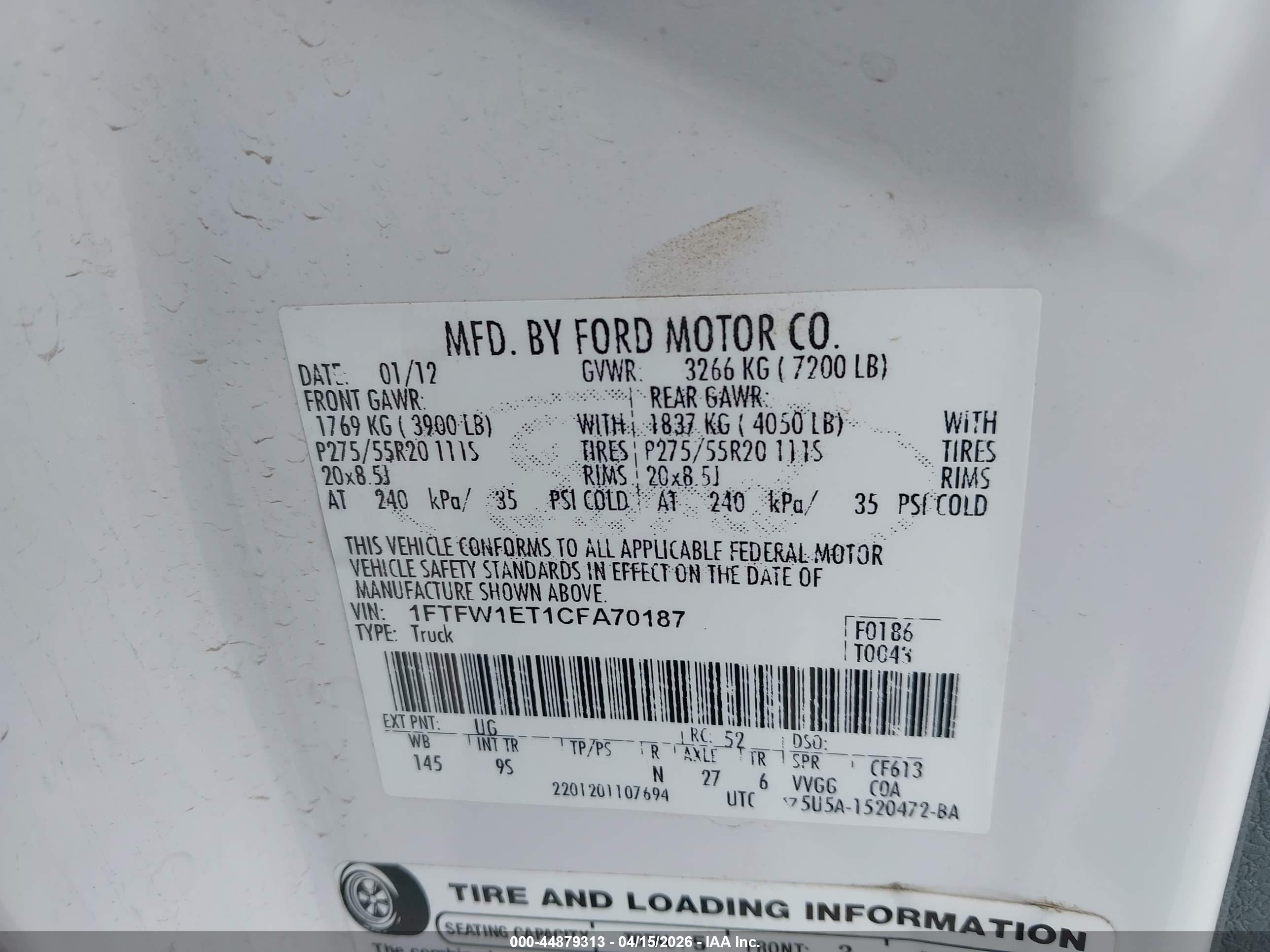 2012 Ford F-150 Platinum White vin: 1FTFW1ET1CFA70187