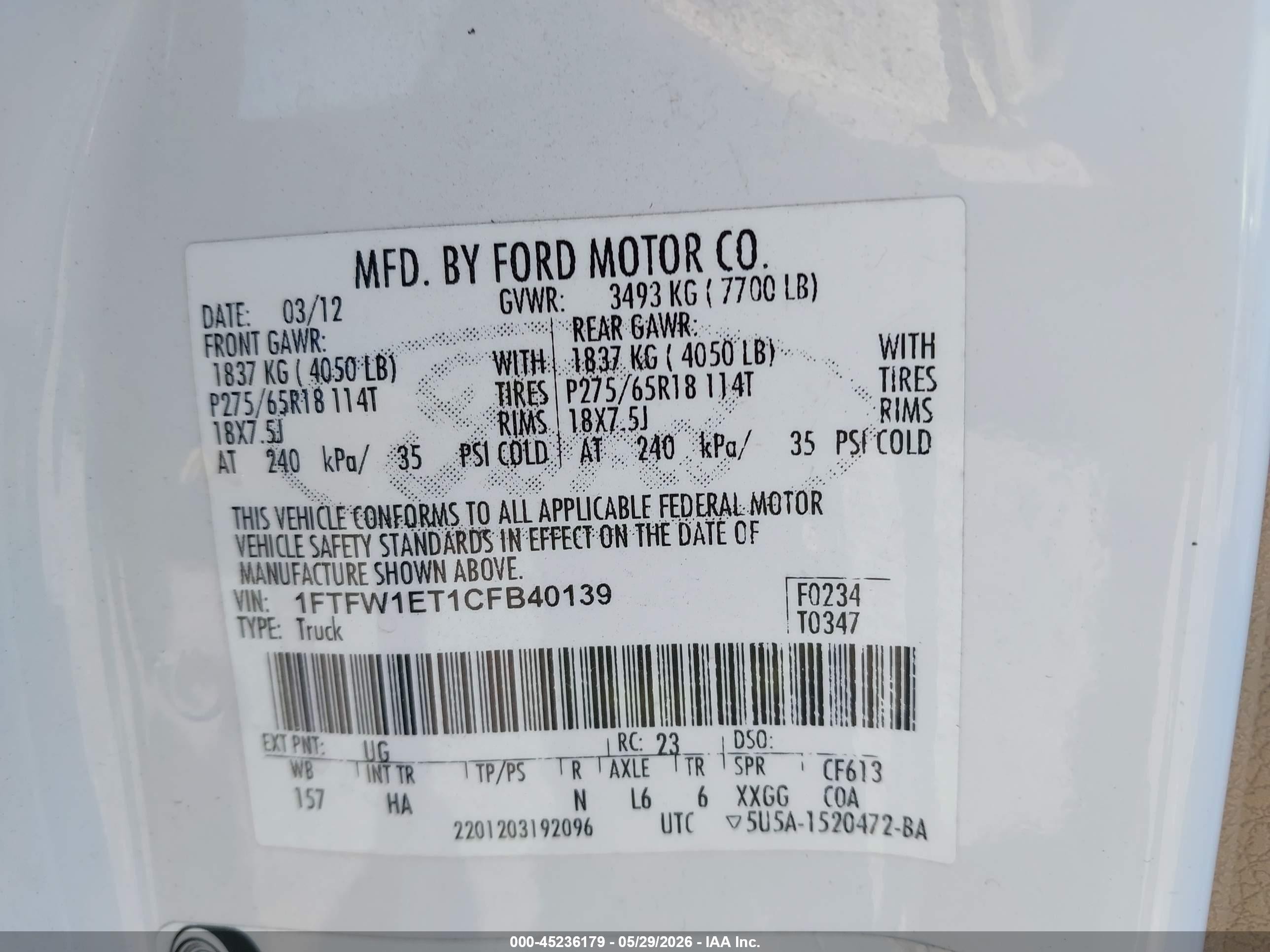 2012 Ford F-150 Lariat White vin: 1FTFW1ET1CFB40139