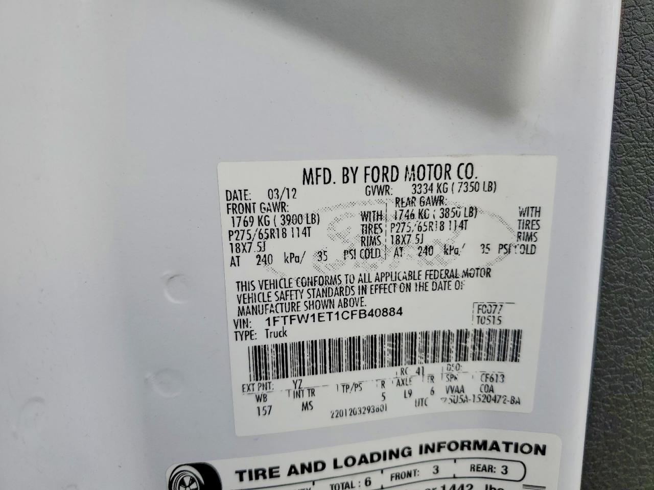 2012 Ford F150 Supercrew White vin: 1FTFW1ET1CFB40884
