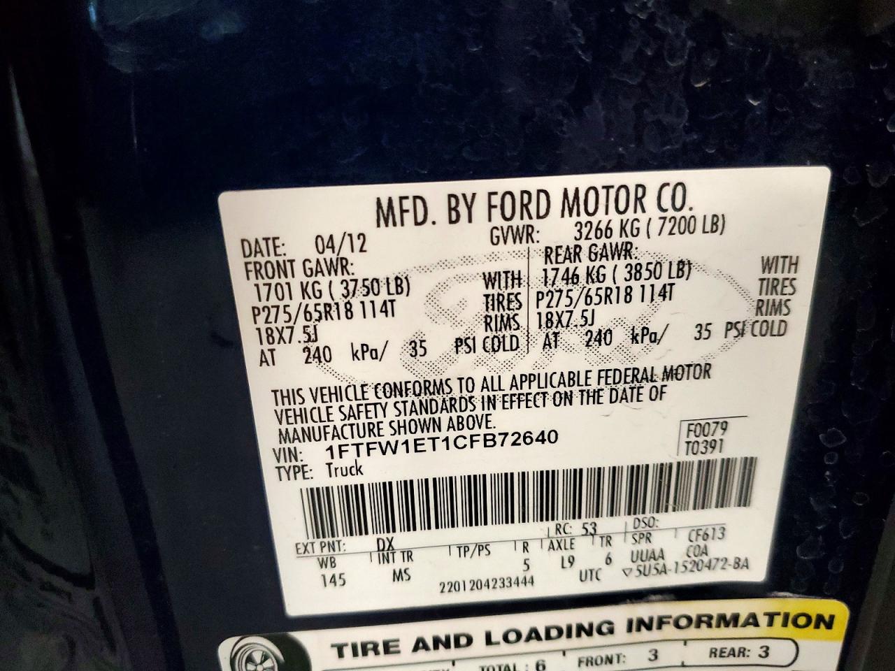 2012 Ford F150 Supercrew Blue vin: 1FTFW1ET1CFB72640