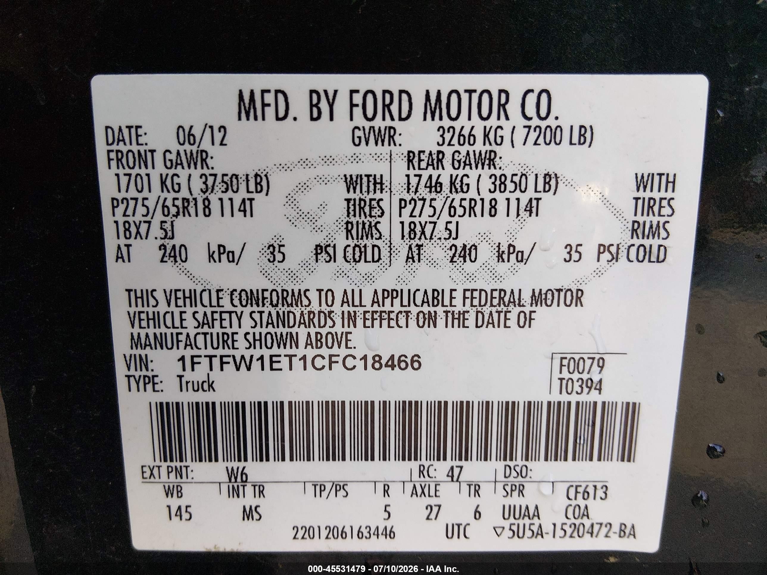 2012 Ford F-150 Fx4/king Ranch/lariat/platinum/xl/xlt Green vin: 1FTFW1ET1CFC18466