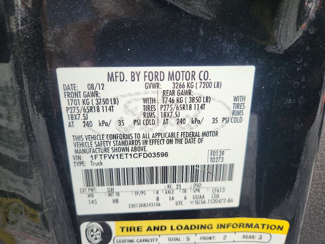 2012 Ford F150 Supercrew Black vin: 1FTFW1ET1CFD03596