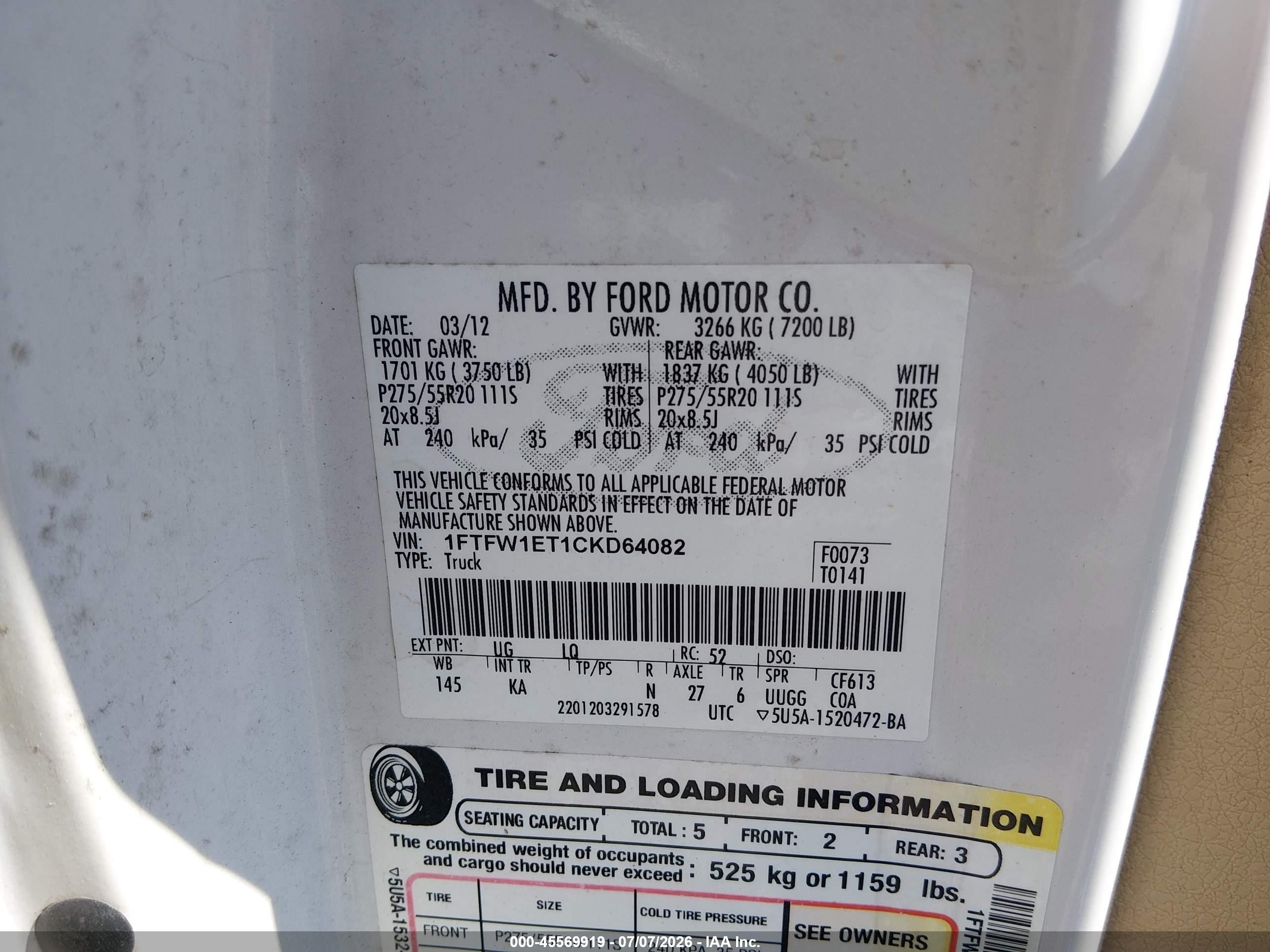 2012 Ford F-150 Fx4/king Ranch/lariat/platinum/xl/xlt White vin: 1FTFW1ET1CKD64082