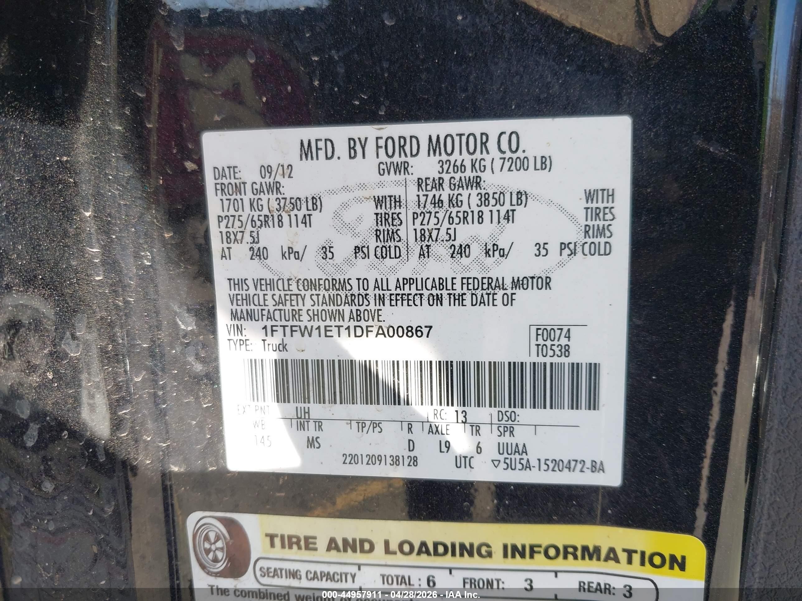 2013 Ford F-150 Xlt Black vin: 1FTFW1ET1DFA00867