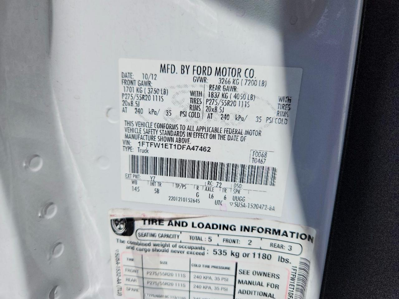 2013 Ford F150 Supercrew White vin: 1FTFW1ET1DFA47462