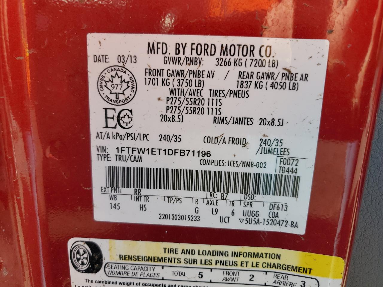 2013 Ford F150 Supercrew Red vin: 1FTFW1ET1DFB71196