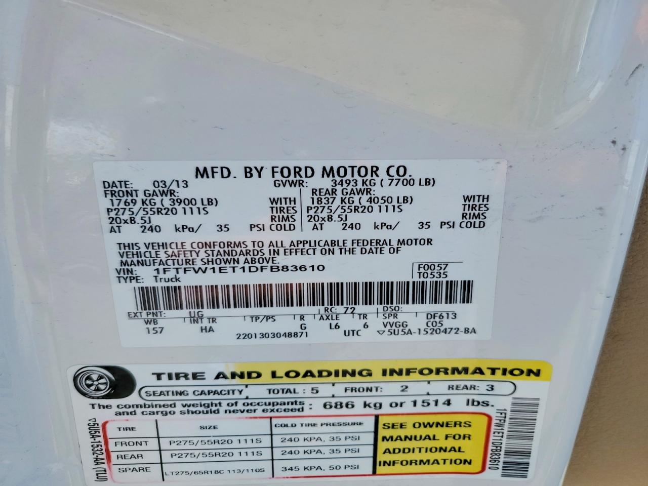 2013 Ford F150 Supercrew White vin: 1FTFW1ET1DFB83610