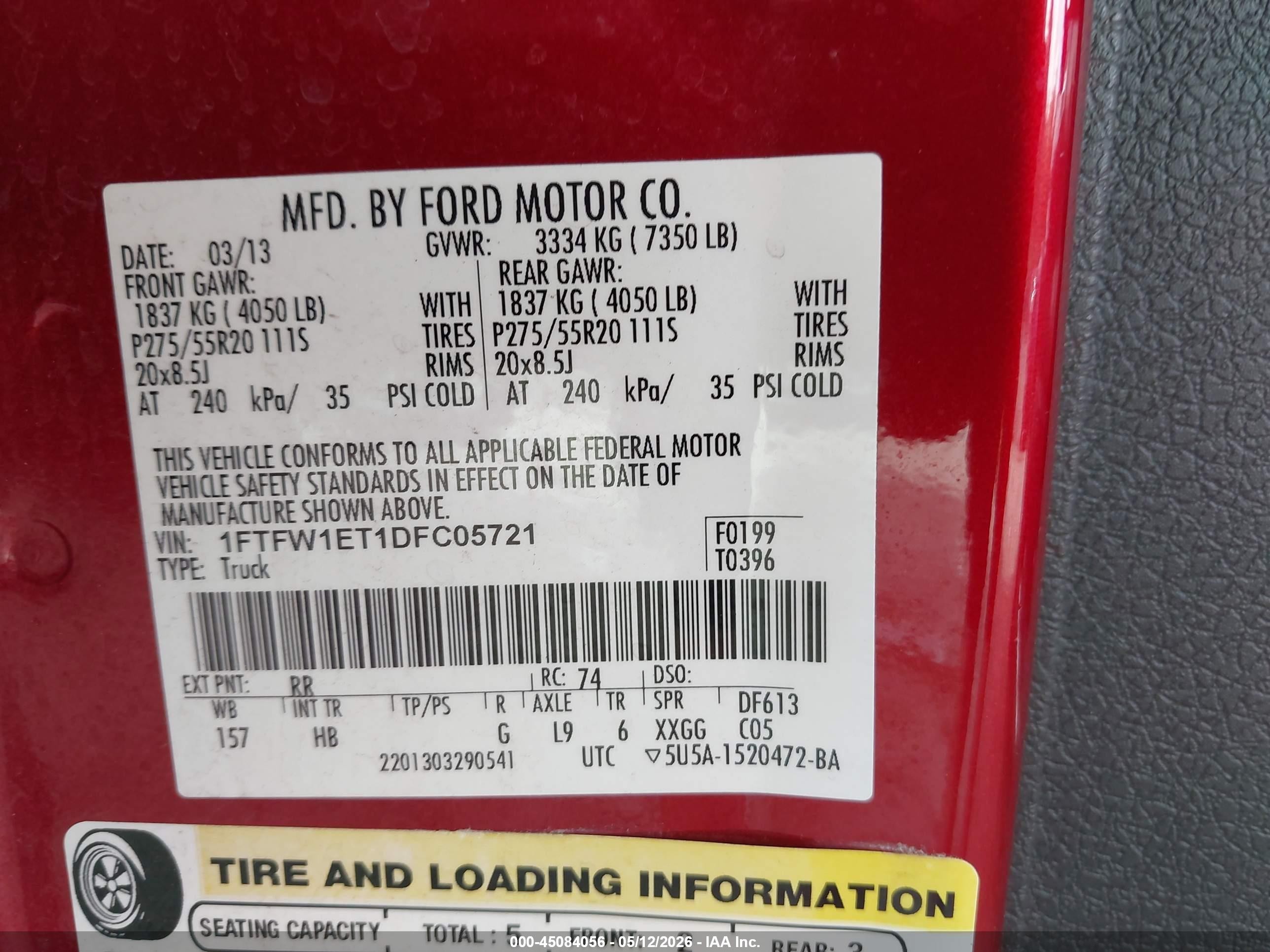 2013 Ford F-150 Lariat Red vin: 1FTFW1ET1DFC05721