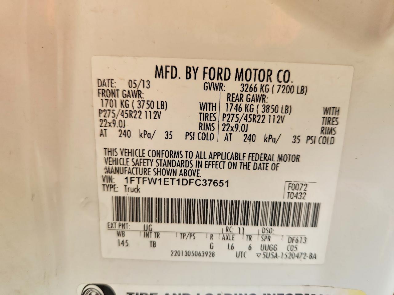 2013 Ford F150 Supercrew White vin: 1FTFW1ET1DFC37651