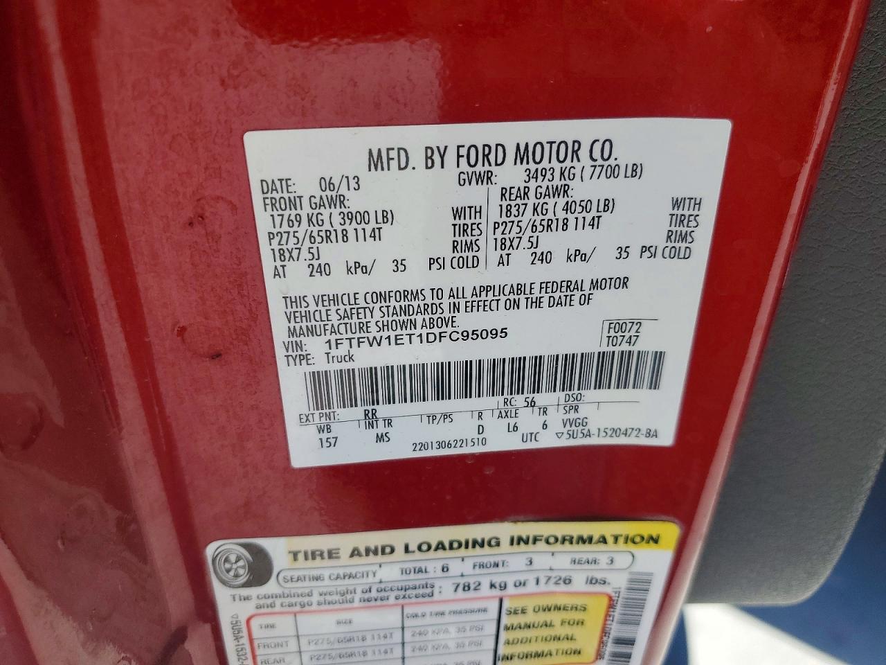 2013 Ford F150 Supercrew Red vin: 1FTFW1ET1DFC95095