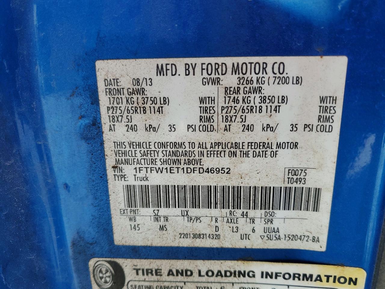2013 Ford F150 Supercrew Blue vin: 1FTFW1ET1DFD46952